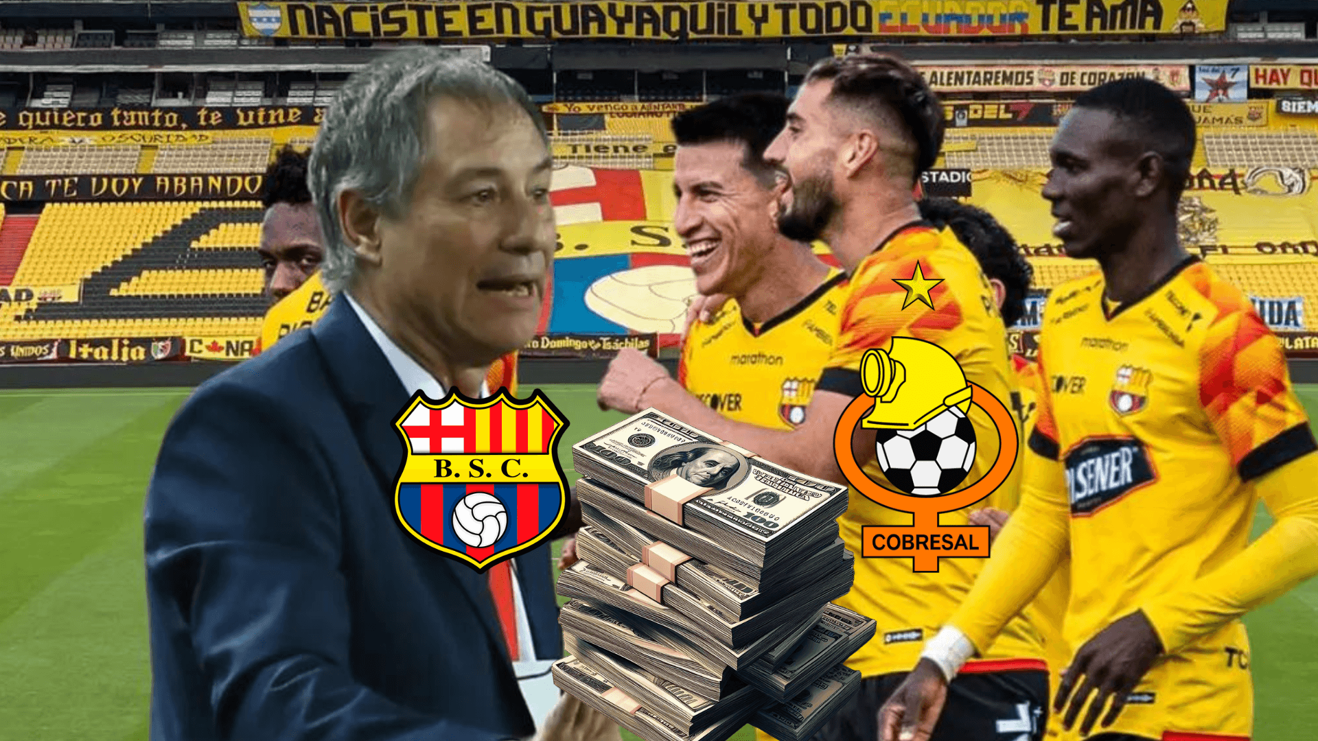 Ariel Holan, jugadores de BSC celebrando, dinero. Foto tomada de: Barcelona SC/PesLogos