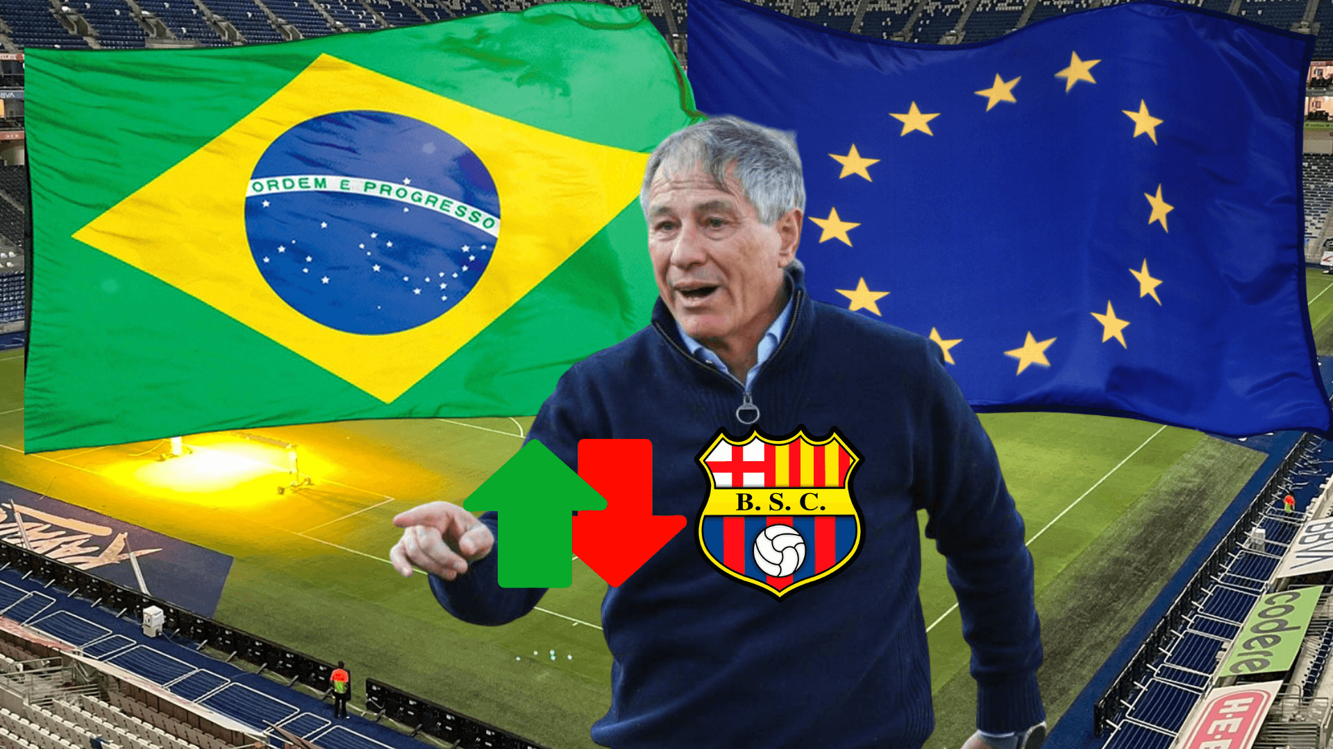 Ariel Holan señalando, bandera Brasil y Europa, escudo BSC. Foto tomada de: Barcelona SC/Billiken/Treffpunky Europa