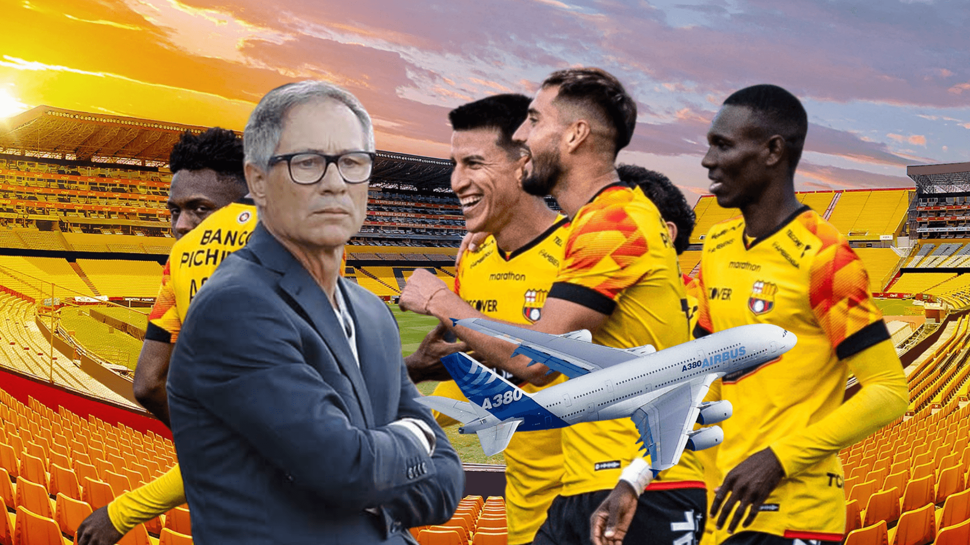 Ariel Holan serio, jugadores de Barcelona SC celebrando, avión. Foto tomada de: Barcelona SC