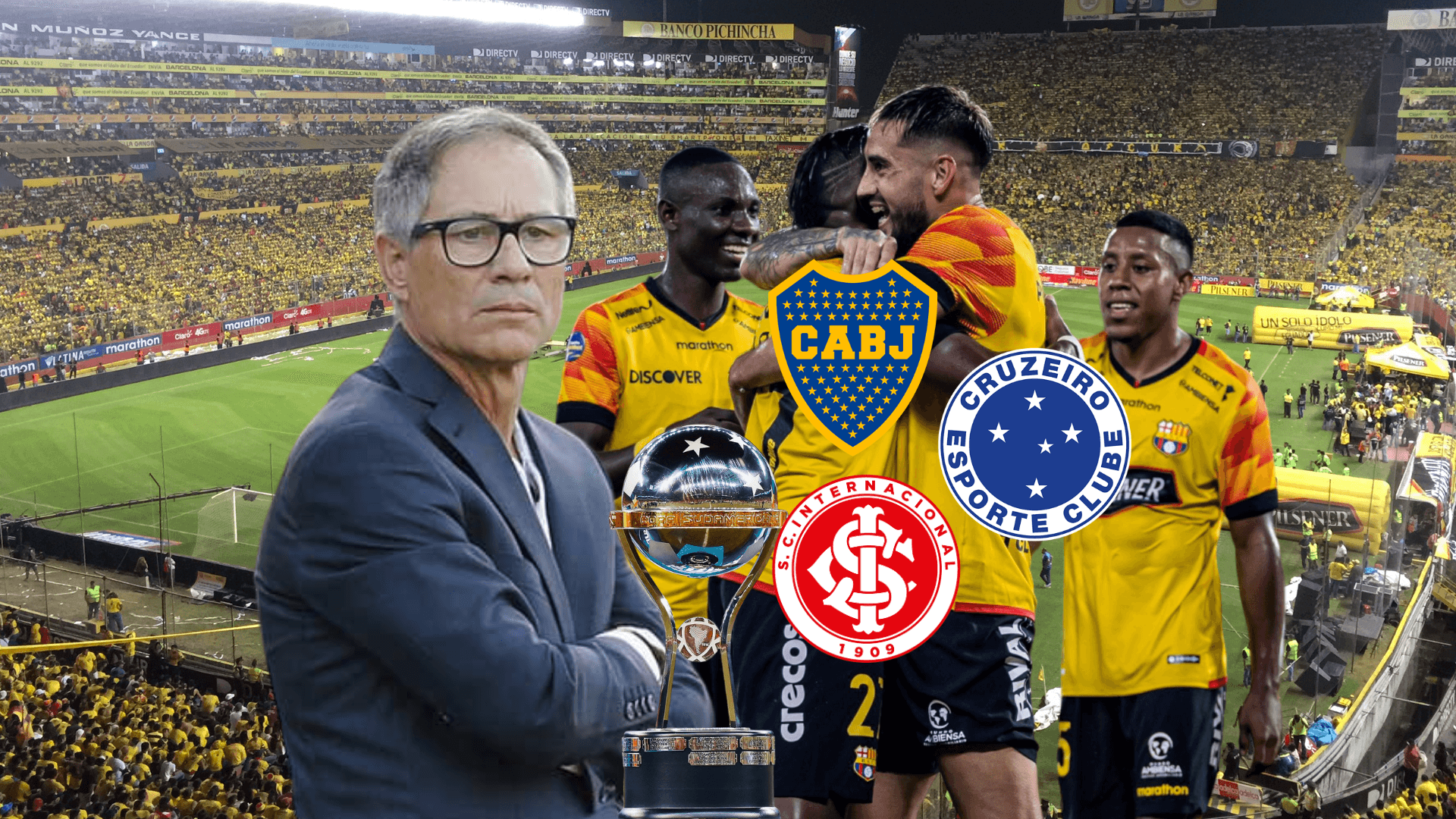 Ariel Holan serio, jugadores de Barcelona SC festejando, escudos equipos. Foto tomada de: Barcelona SC/Pes Logos