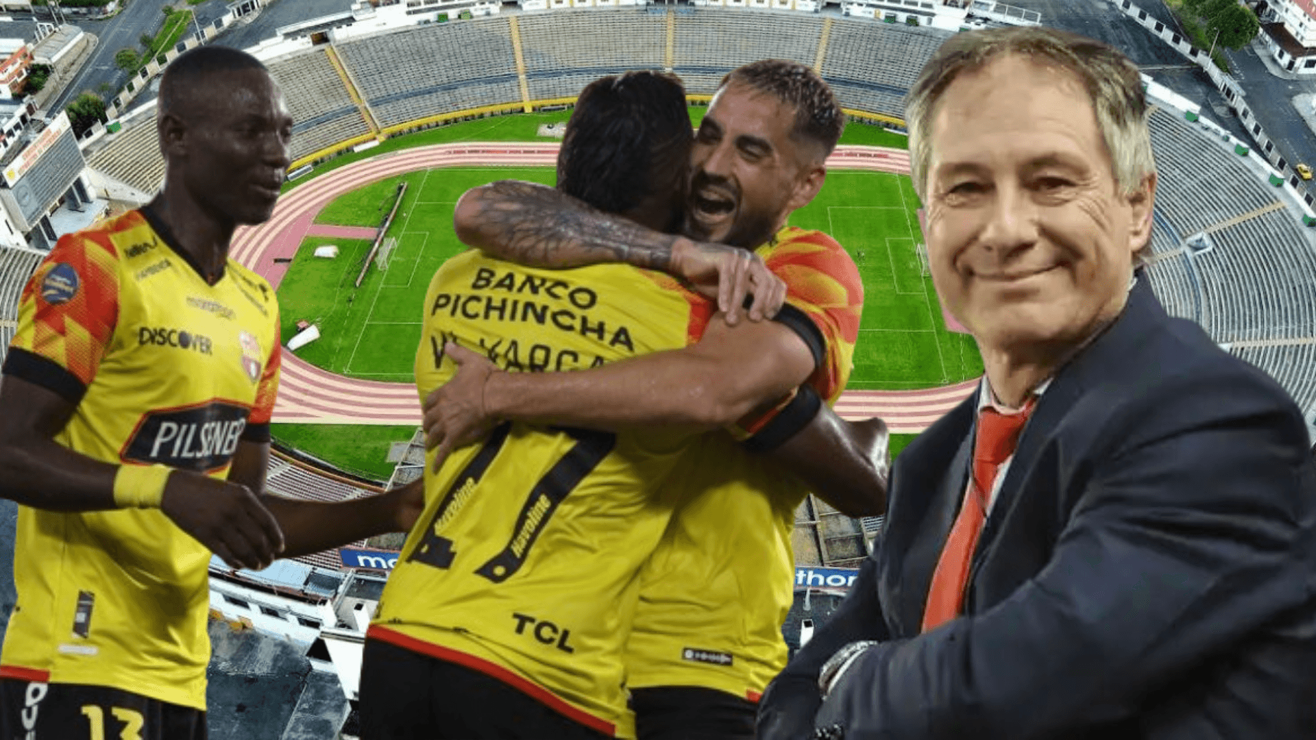 Ariel Holan y los jugadores de Barcelona SC en el Estadio Olímpico Atahualpa (Foto tomada de: Extra/Independiente/API)