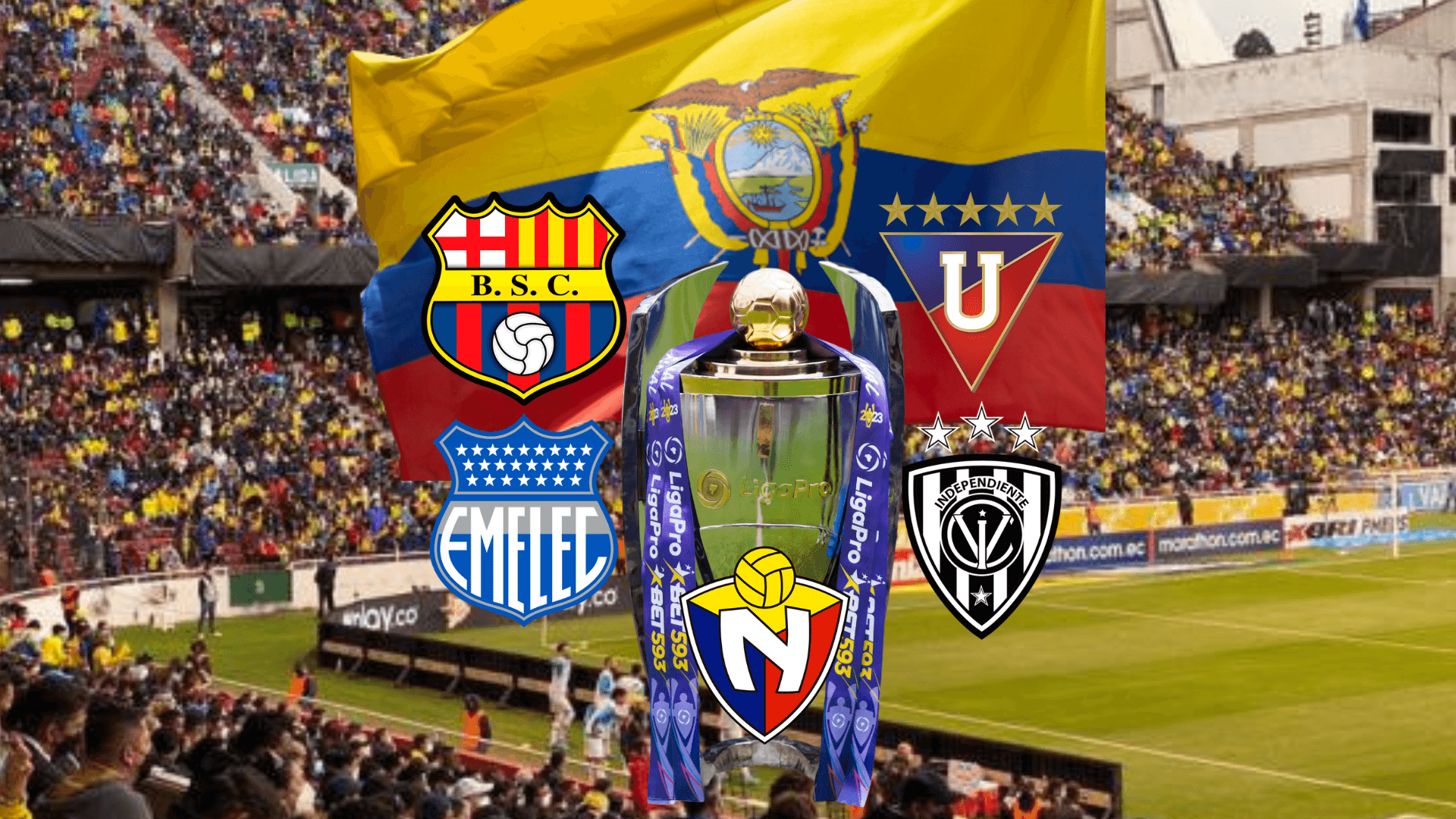 Bandera Ecuador, trofeo Liga Pro, escudos equipos Ecuador. Foto tomada de: Pes Logos/Ecuavisa