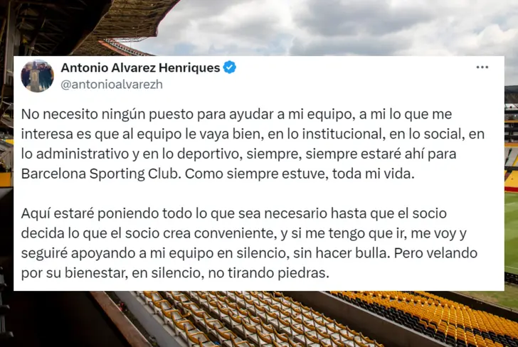 Declaraciones de Antonio Álvarez sobre ayudar siempre a Barcelona SC