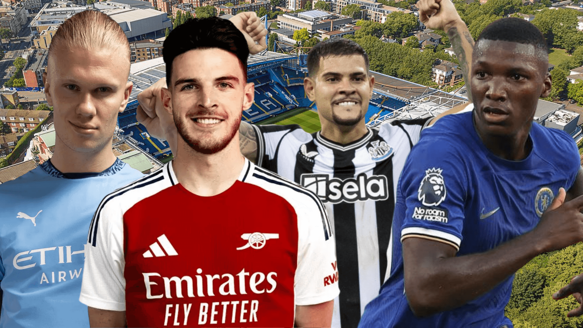 Bruno Guimarães, Moisés Caicedo, Declan Rice y Erling Haaland (Foto tomada de: Wikipedia/Chelsea/Manchester City/Arsenal)