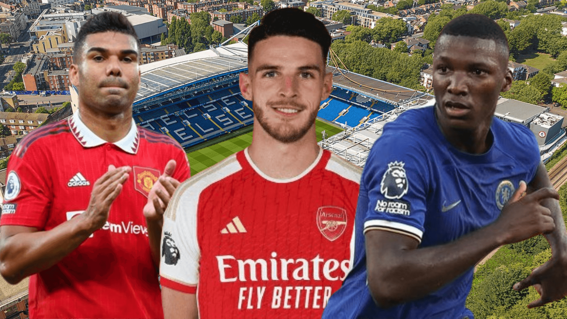 Casemiro, Declan Rice y Moisés Caicedo en Stamford Bridge (Foto tomada de: Wikipedia/Extra/Arsenal)