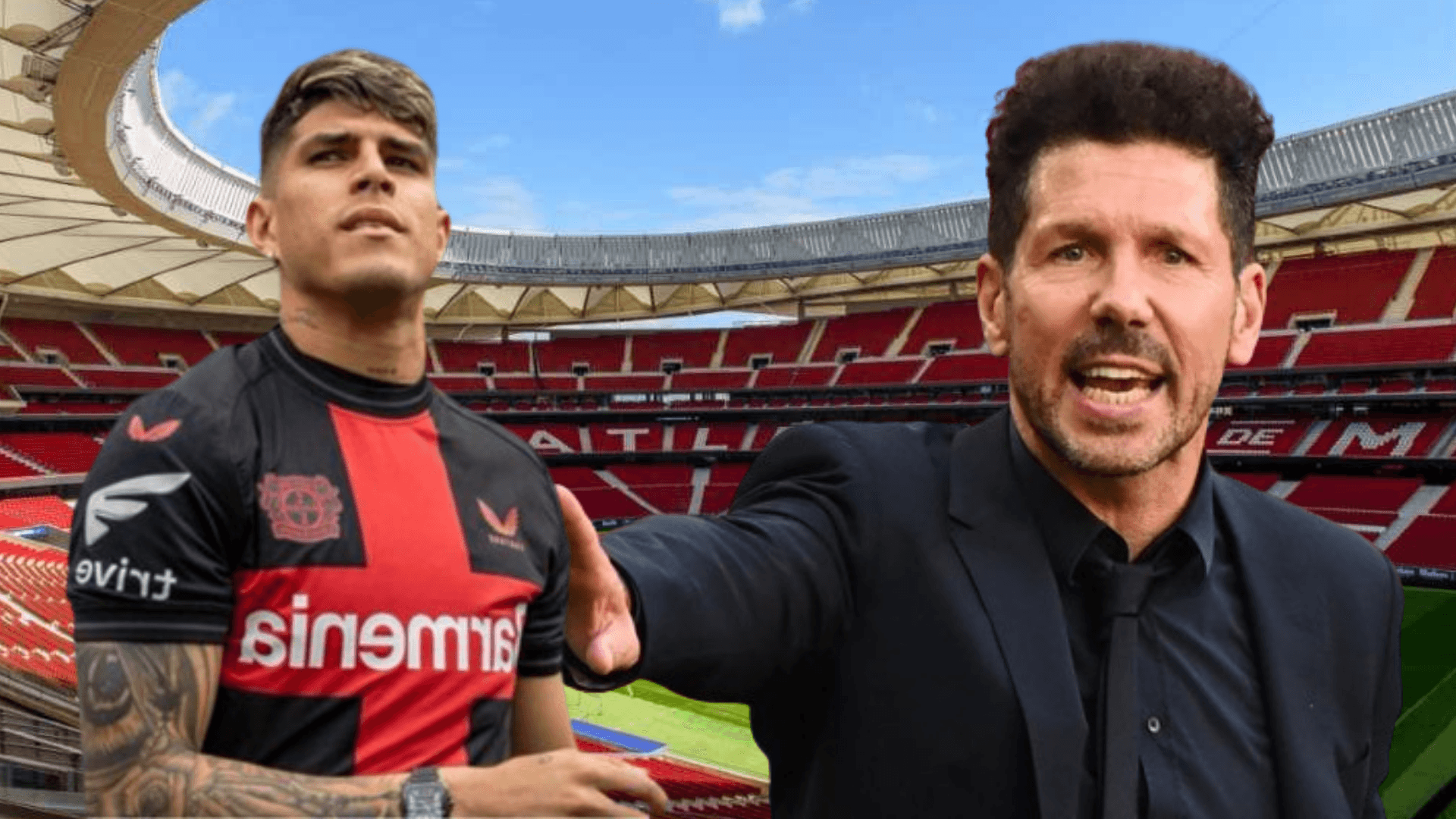 Cholo Simeone y Piero Hincapié en el Wanda Metropolitano (Foto tomada de: ACR/Bayer Leverkusen/AFP)
