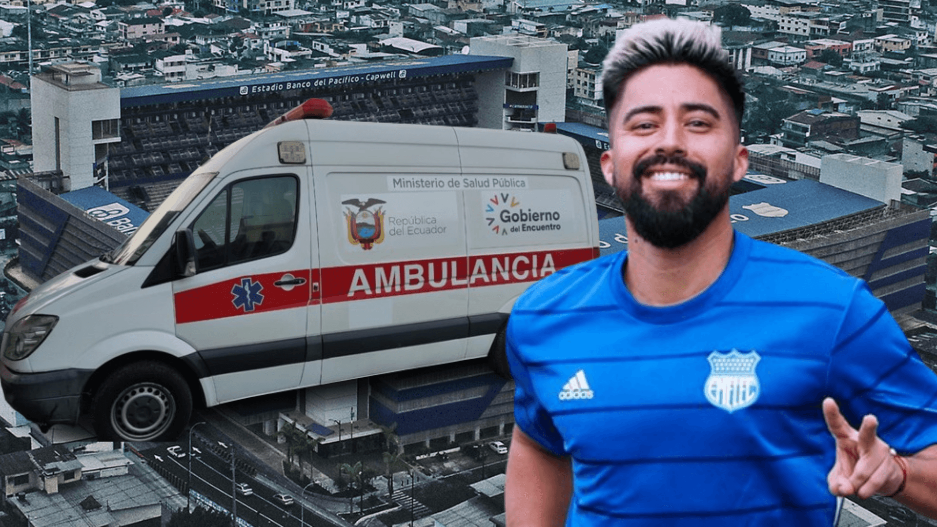 Christian Noboa y una ambulancia en el Estadio Capwell (Foto tomada de: Wikipedia/Emelec/Primicias)