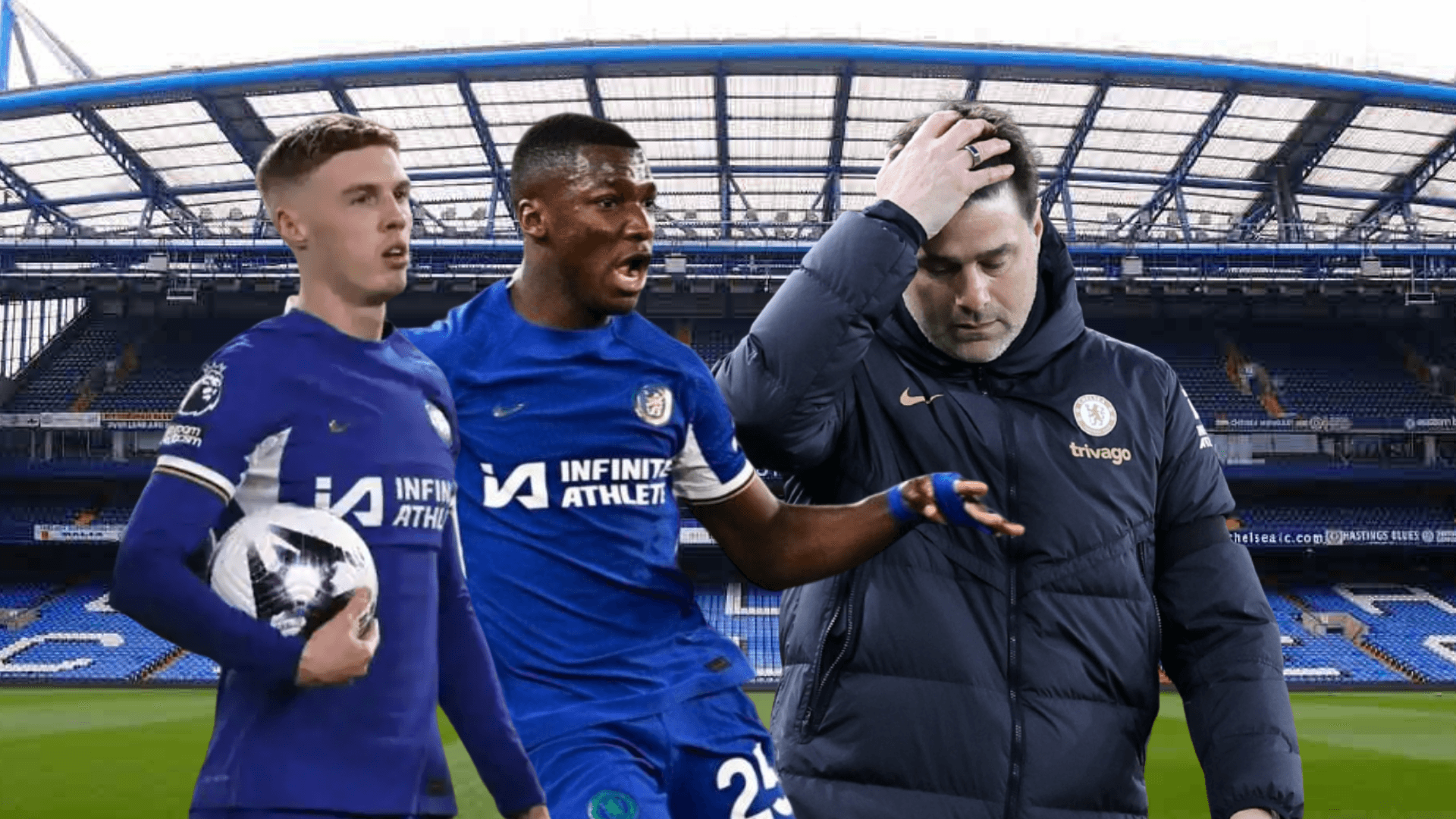 Cole Palmer preocupado, Moisés Caicedo gritando, Pochettino tomándose la cabeza. Foto tomada de: Top Mercato/El Telégrafo