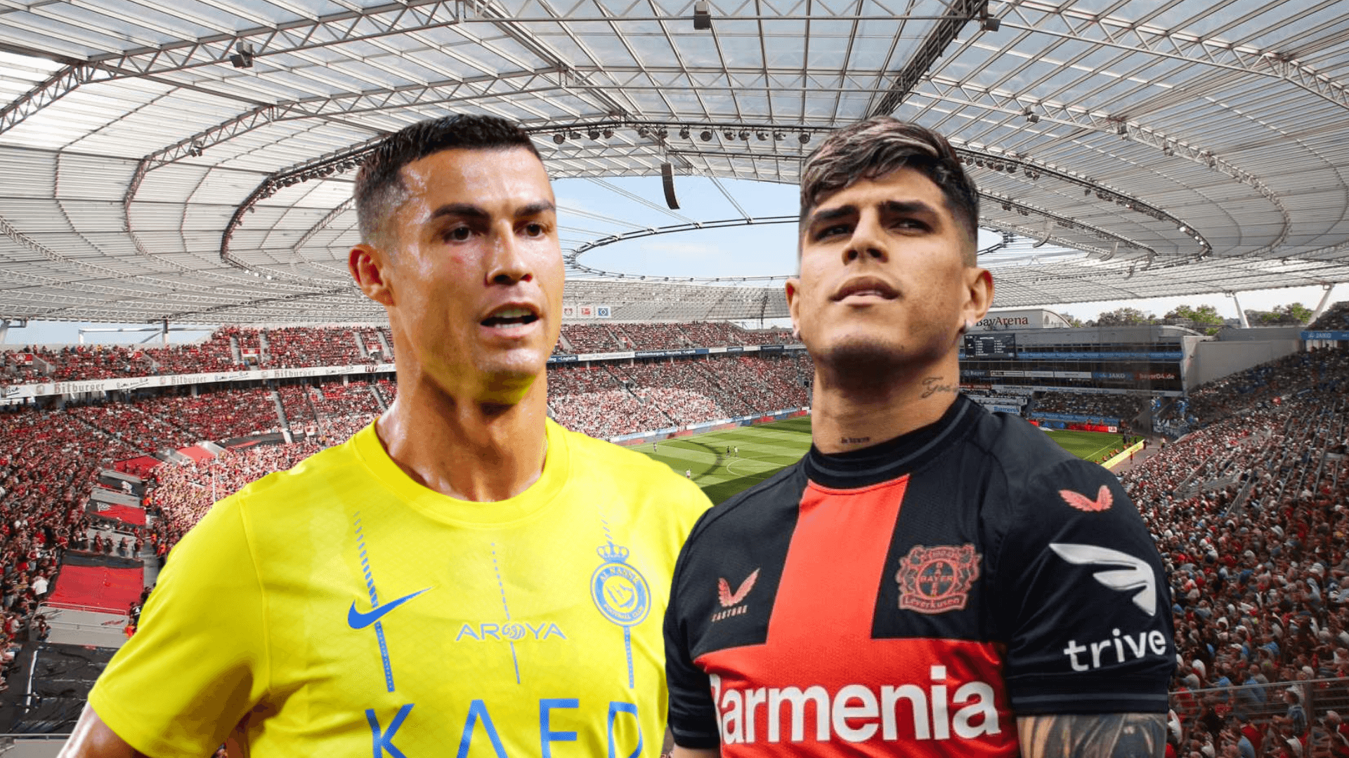 Cristiano Ronaldo serio, Piero Hincapié ilusionado. Foto tomada de: Transfermarkt/Bayer Leverkusen