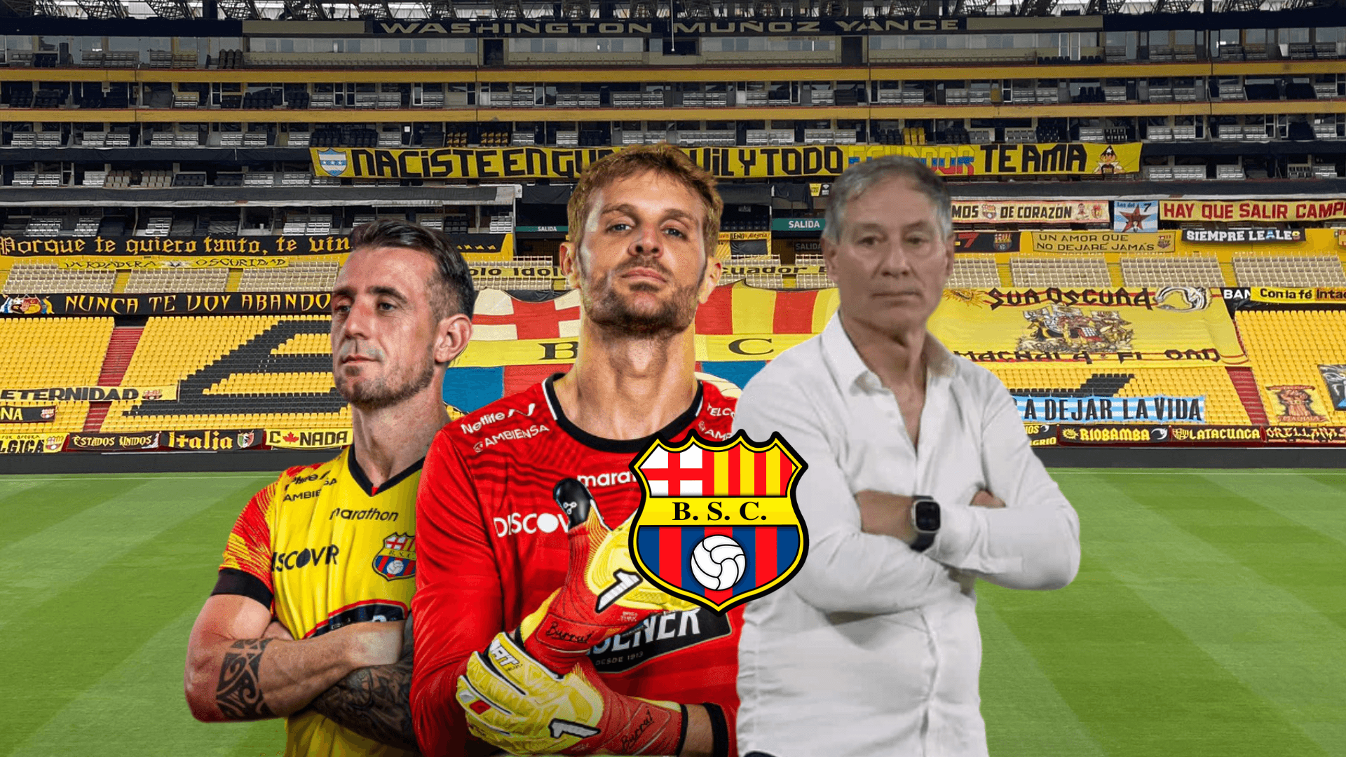 Damián Díaz cruzado de brazos, Javier Burrai, Ariel Holan serio. Foto tomada de: API/Barcelona SC