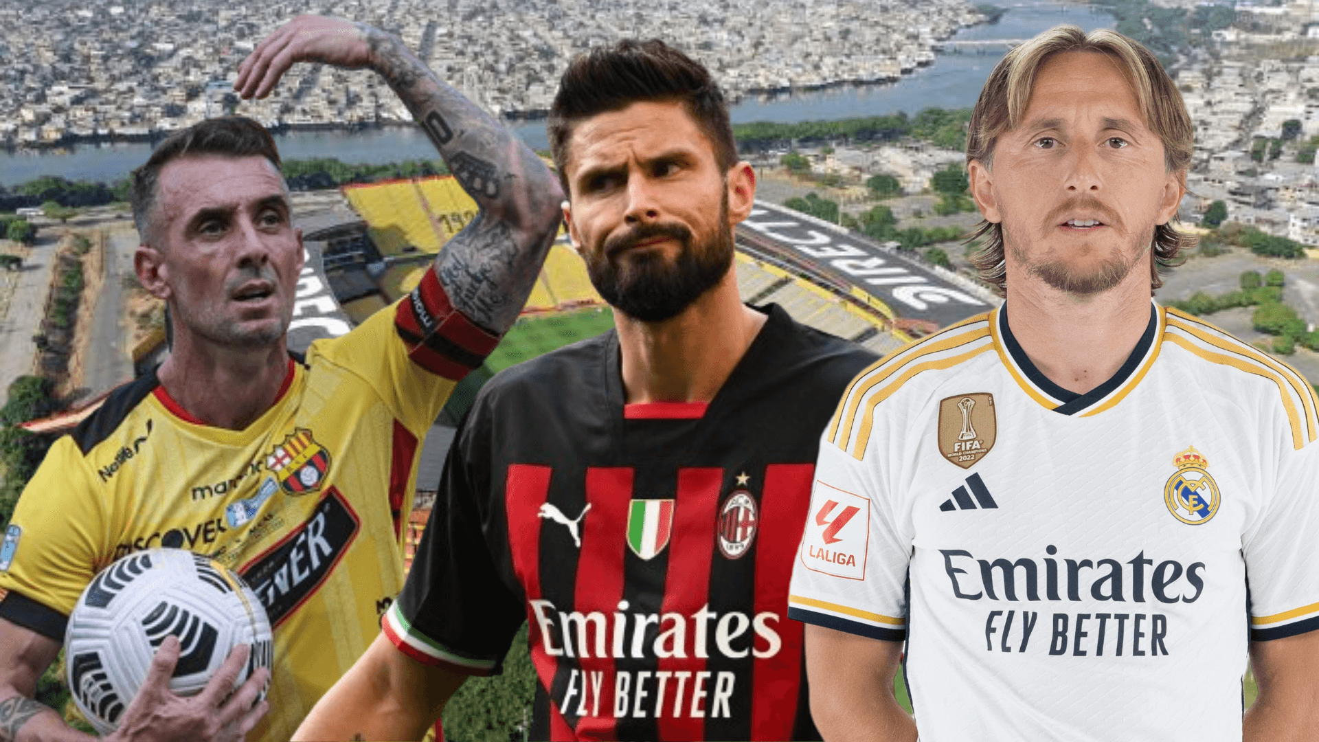 Damián Díaz junto a Luka Modrić, Olivier Giroud y detrás una panorámica de el Monumental (Foto tomada de: Expreso/Primicias/La Liga/Le Dauphiné)
