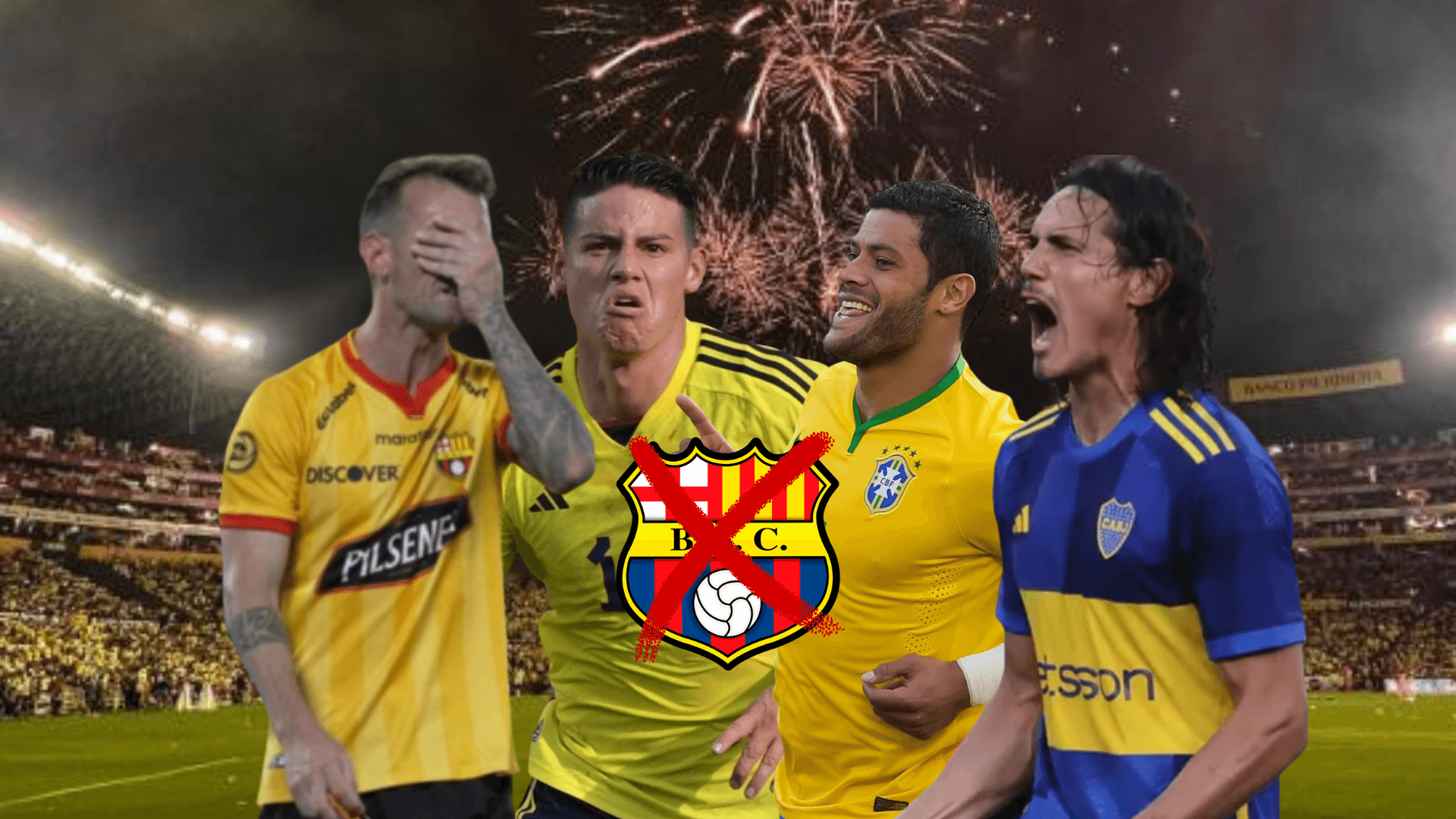 Damián Díaz lamentándose, con James Rodríguez, Hulk y Cavani