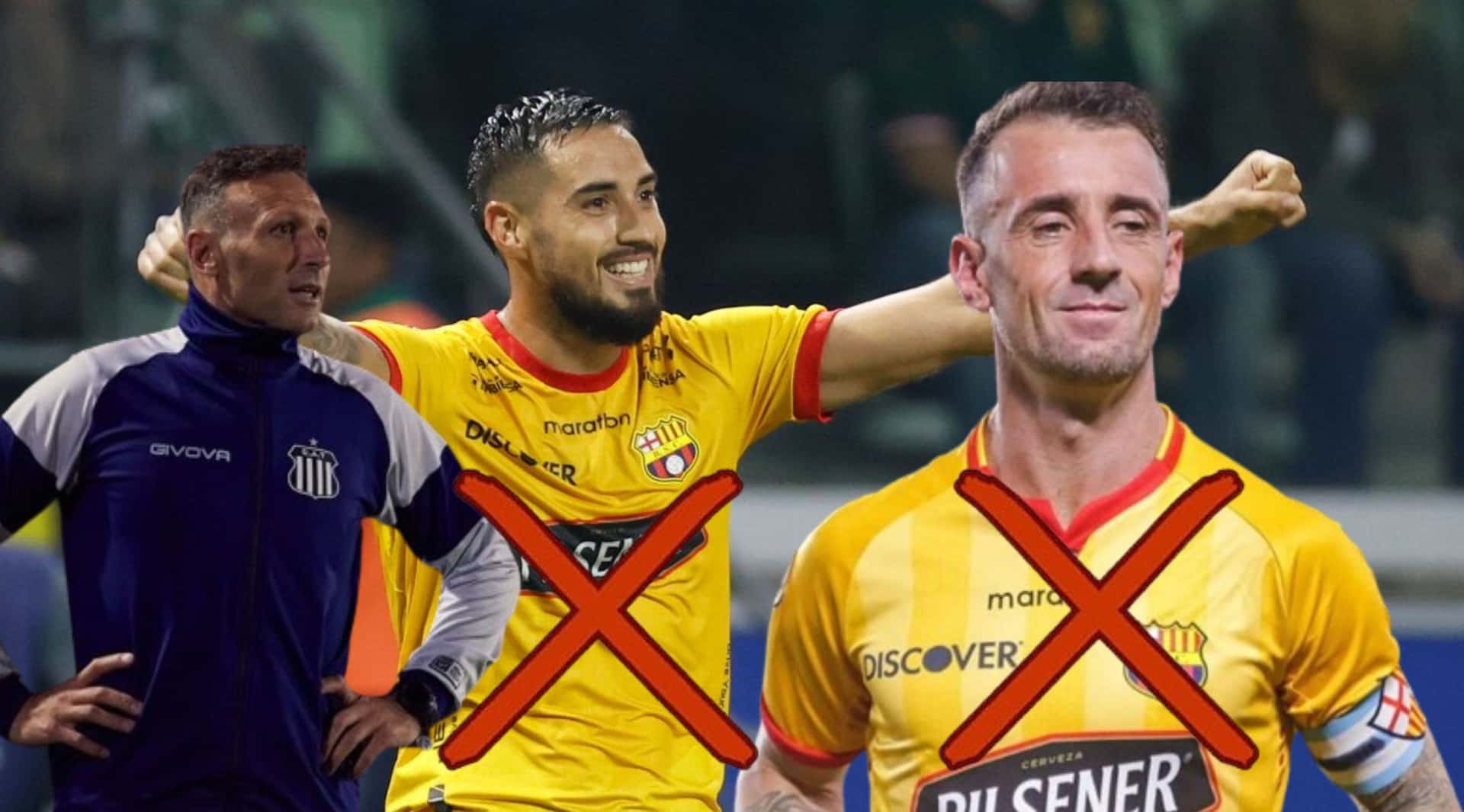Damián Díaz y Francisco Fydriszewski con la camiseta del Barcelona SC, al lado el DT de Talleres. FOTO: Ecuavisa