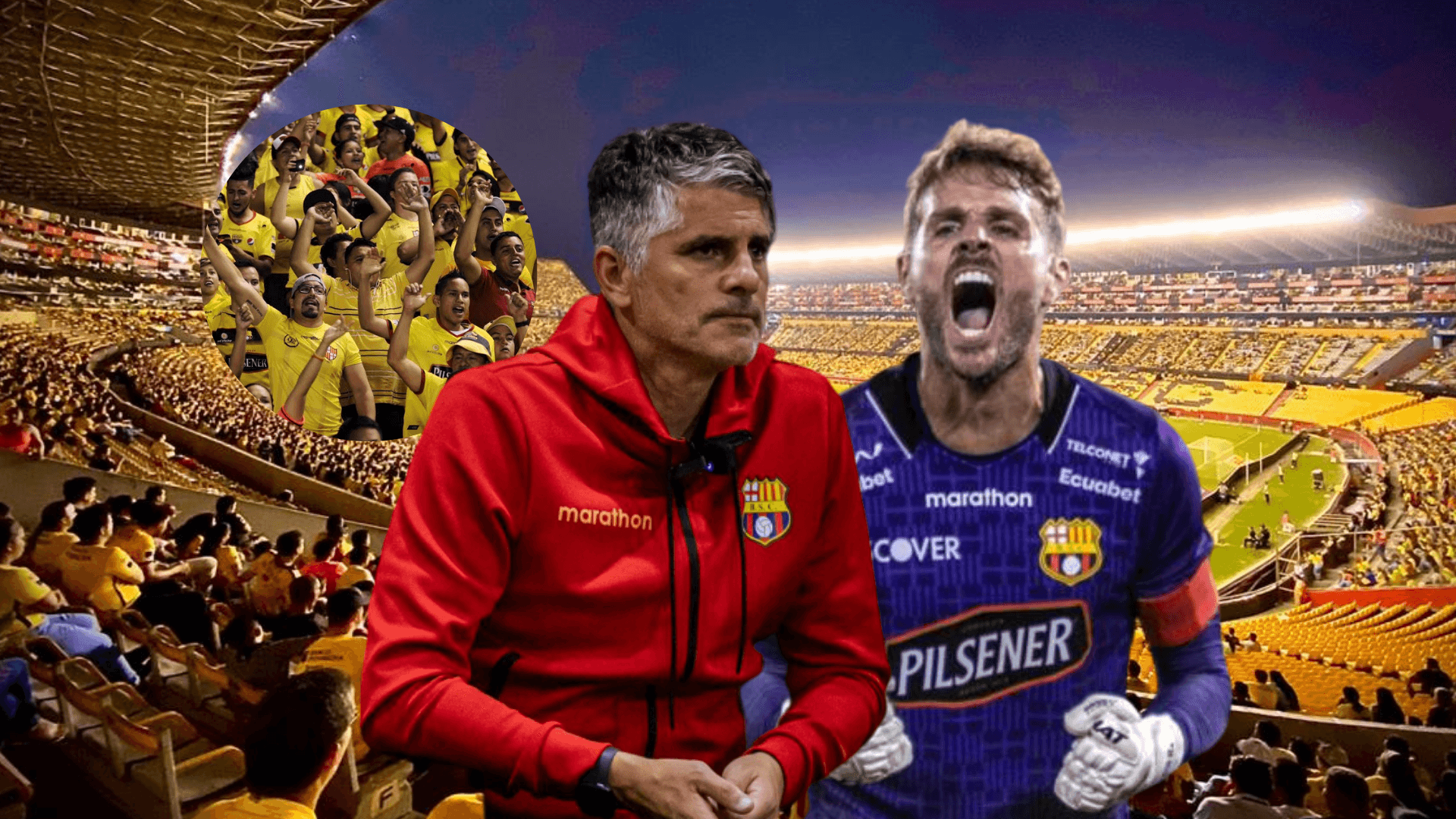 Diego López preocupado, Javier Burrai gritando, hinchas de Barcelona SC en el Monumental. Foto tomada de: Barcelona SC/API