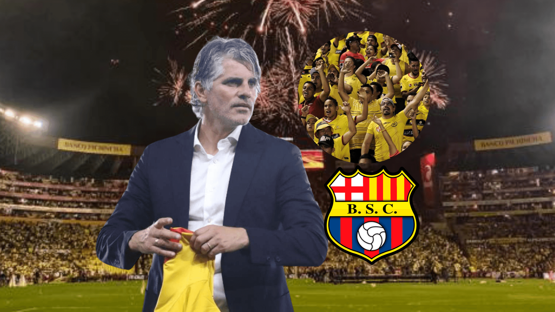 Diego López serio, hinchada de Barcelona SC y escudo del equipo. Foto tomada de: El Telégrafo/Barcelona SC
