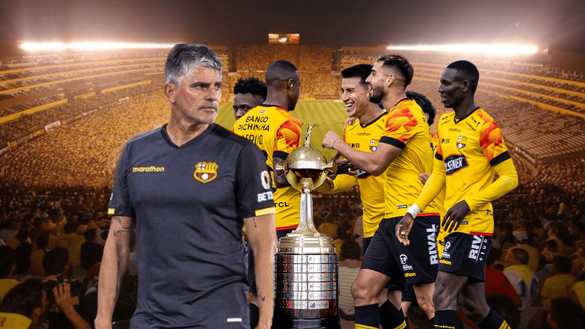 Diego López y jugadores de Barcelona SC con la Copa Libertadores