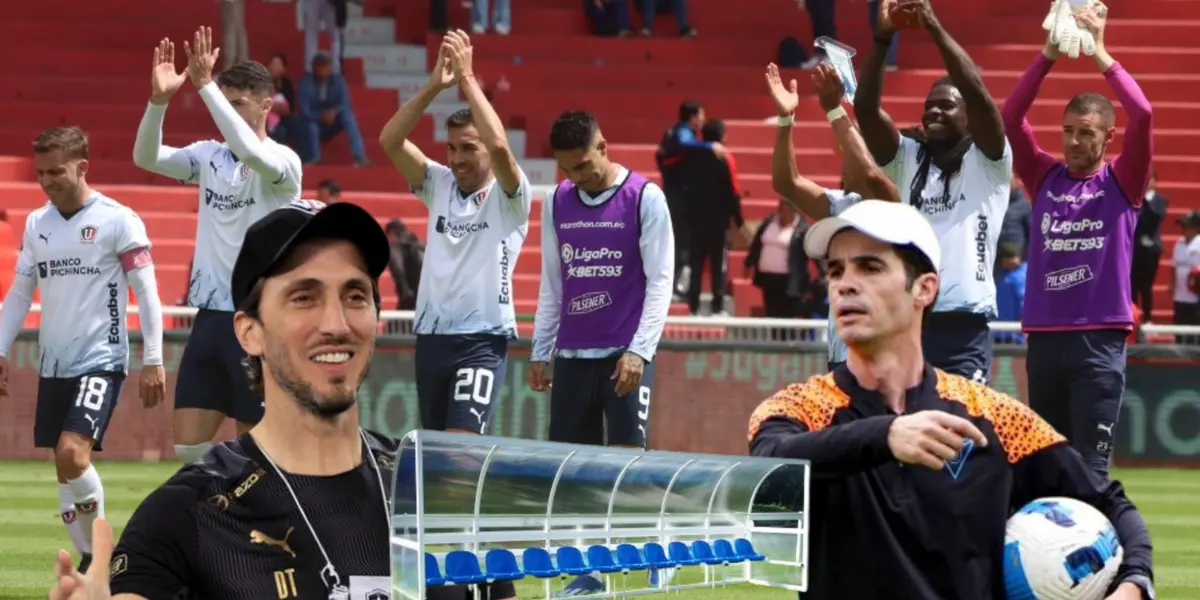 El plantel de Liga de Quito saludando, también aparecen Luis Zubeldía y Josep Alcácer. FOTO: Primicias 