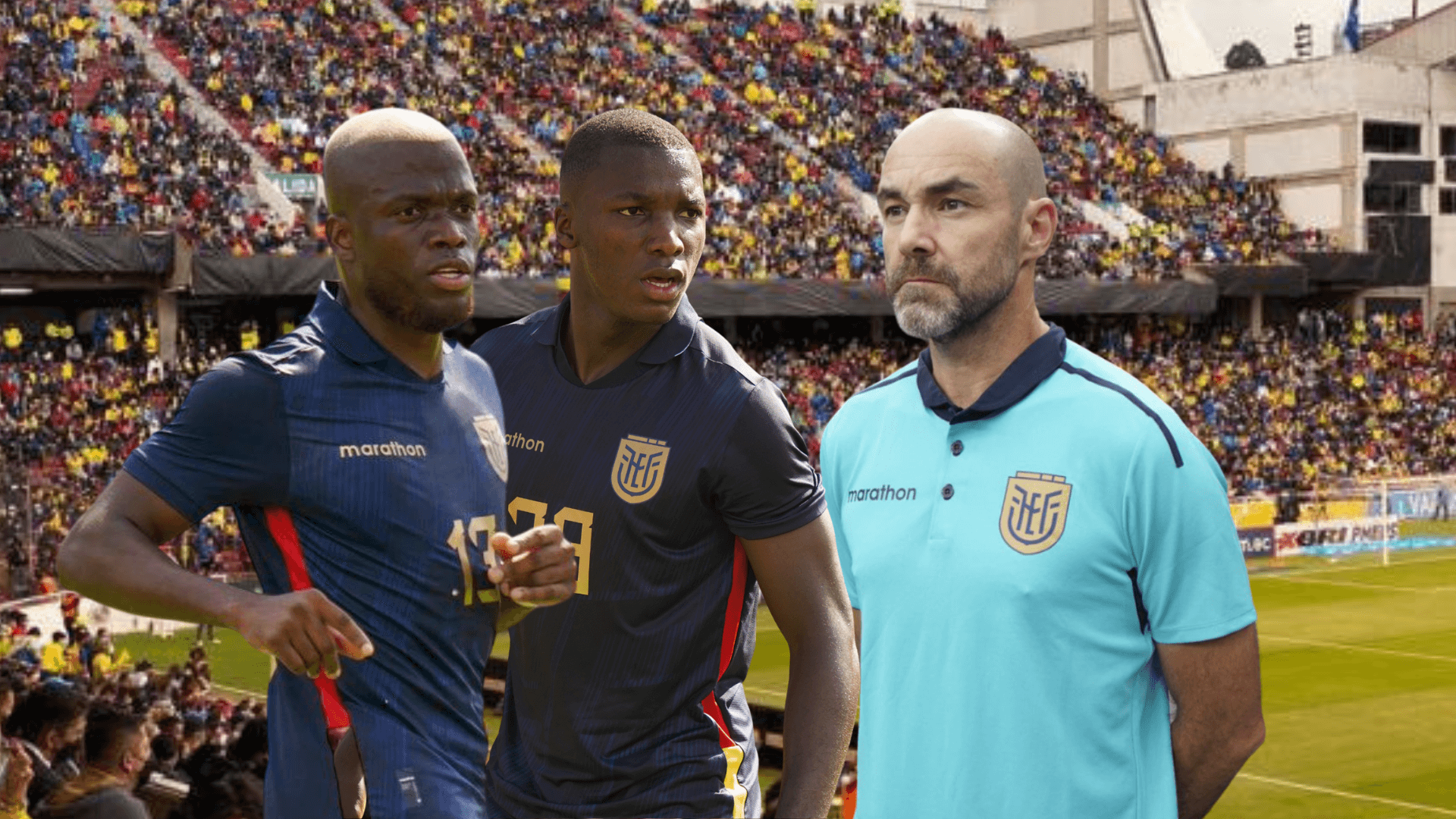 Enner Valencia, Moisés Caicedo, Félix Sánchez. Foto tomada de: La Tri/Conmebol