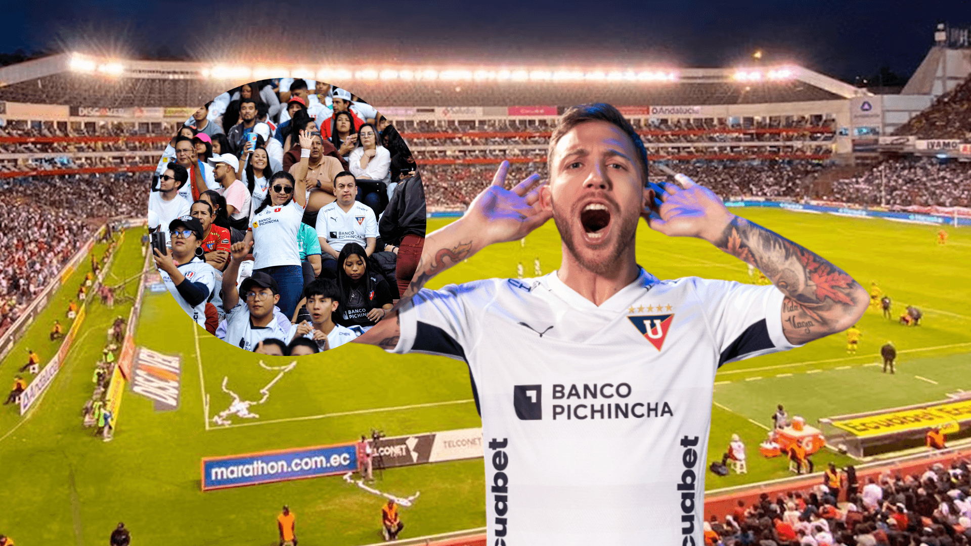 Ezequiel Piovi festejando el gol con los hinchas de Liga de Quito