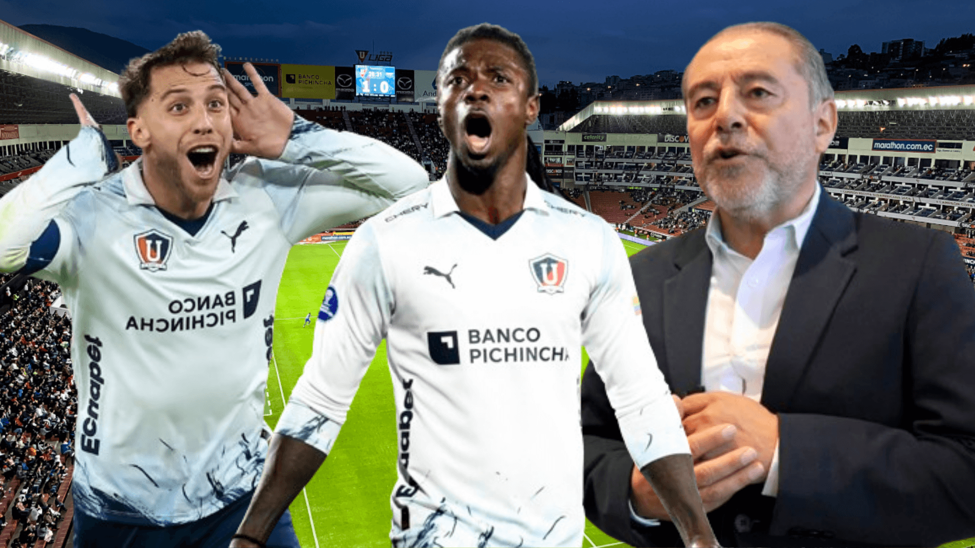 Ezequiel Piovi, Ricardo Adé e Isaac Álvarez en el Estadio Rodrigo Paz Delgado (Foto tomada de: Primicias/ESPN/API)