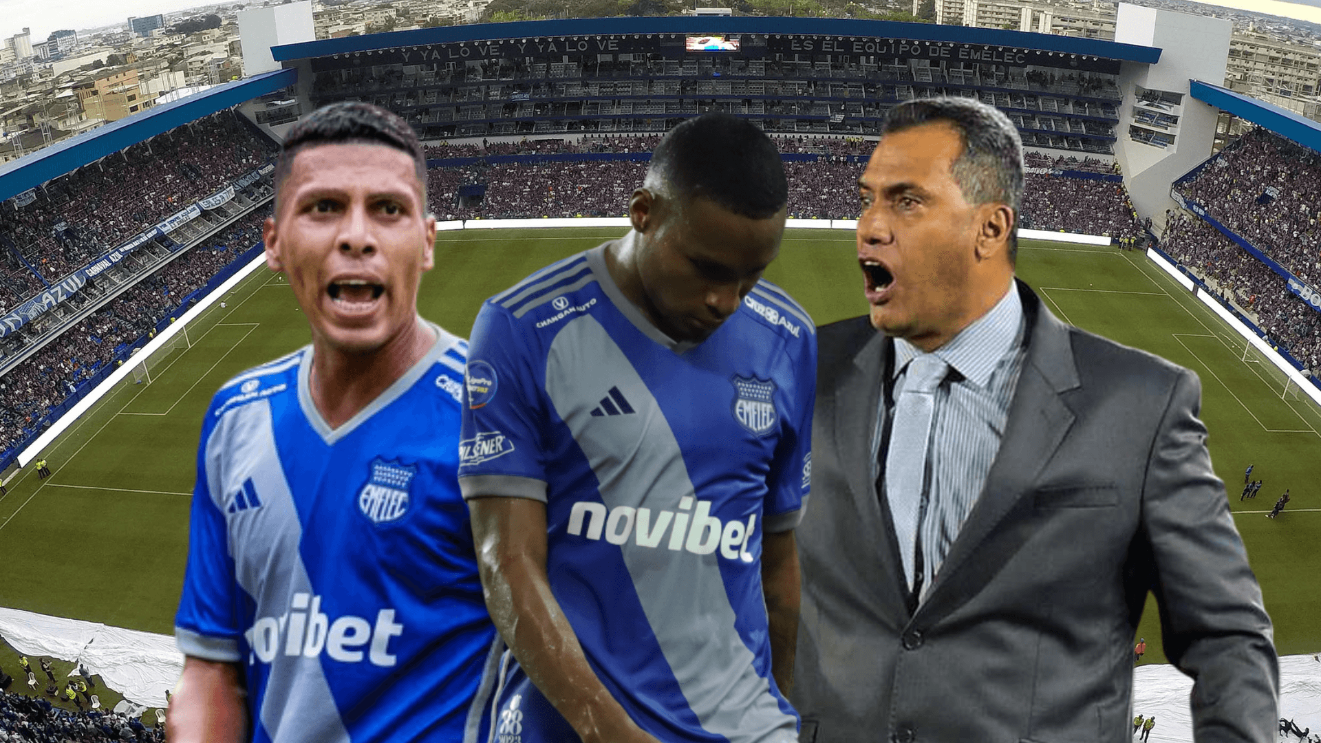 Fernando León gritando, Valencia cabeza baja, Hernán Torres gritando. Foto tomada de: Emelec