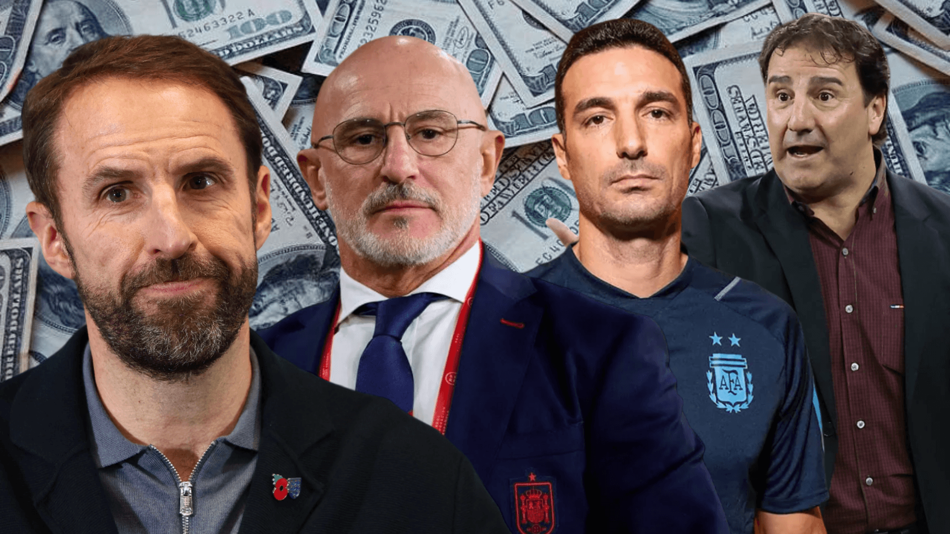 Gareth Southgate, Luis de la Fuente, Lionel Scaloni y Néstor Lorenzo (Foto tomada de: Mises Institute/The Sun/TyC Sports/Conmebol/Cosmogol)