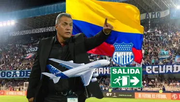 Hernán Torres dirigiendo, bandera Colombia, escudo Emelec, avión. Foto tomada de: Emelec/Meta593/PESLogos
