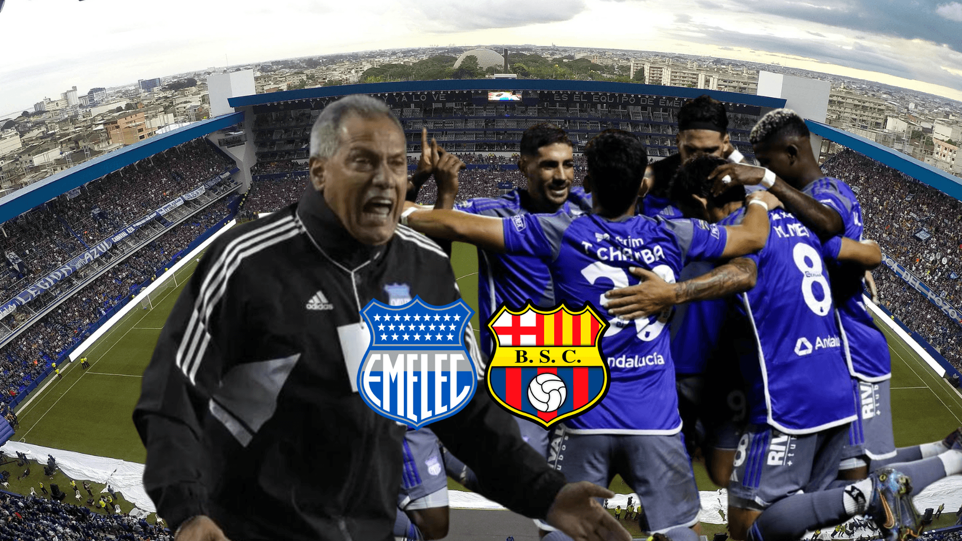 Hernán Torres gritando, jugadores de Emelec festejando. Foto tomada de: Emelec/PESLogos