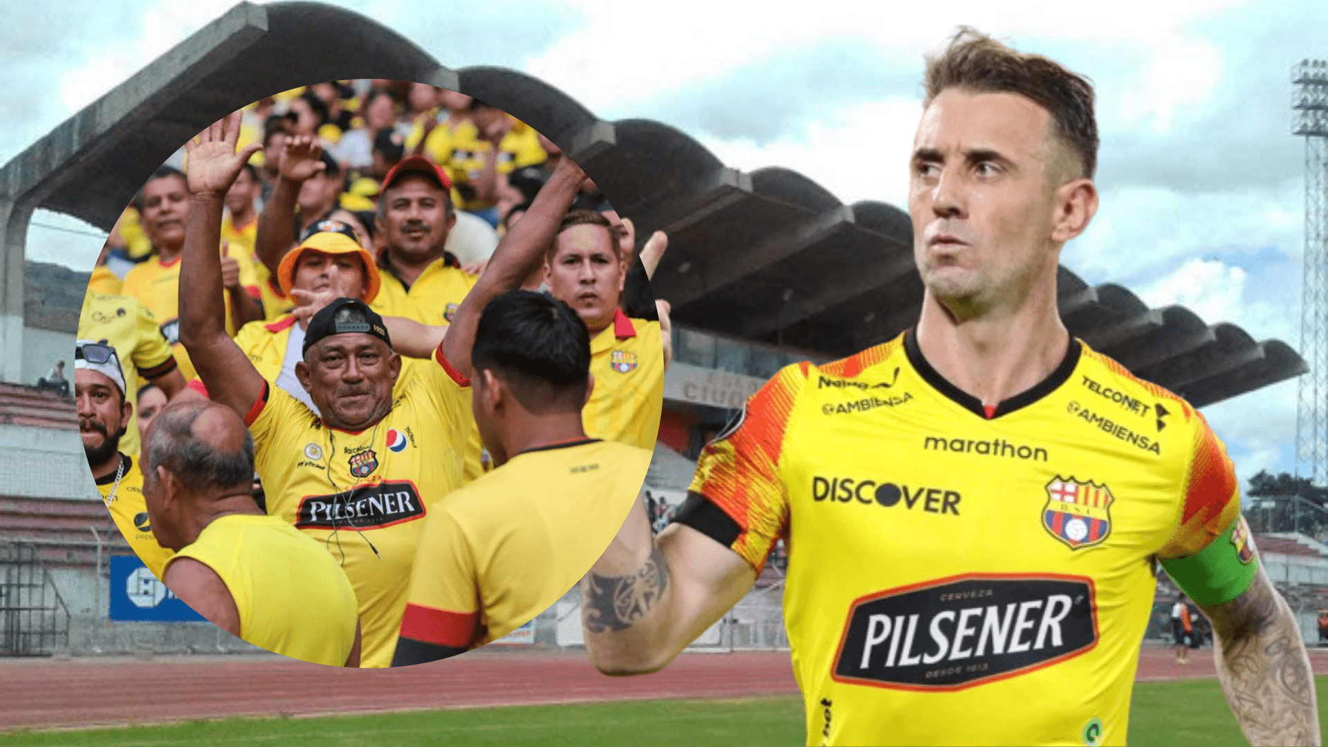 Hinchas de Barcelona SC y Damián Díaz (Foto tomada de: El Norte/API/Barcelona SC)