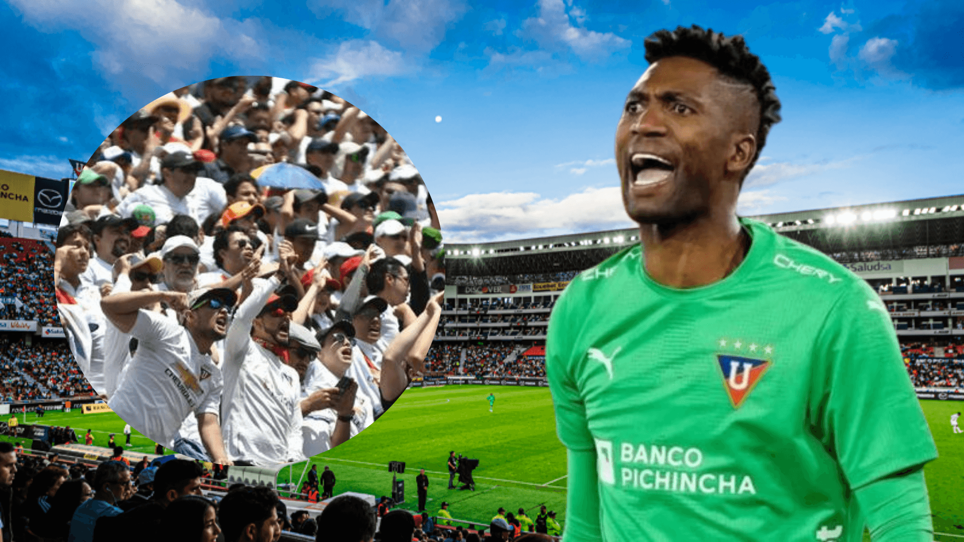 Hinchas de Liga de Quito y Alexander Domínguez en el Estadio Rodrigo Paz (Foto tomada de: Liga de Quito/API)