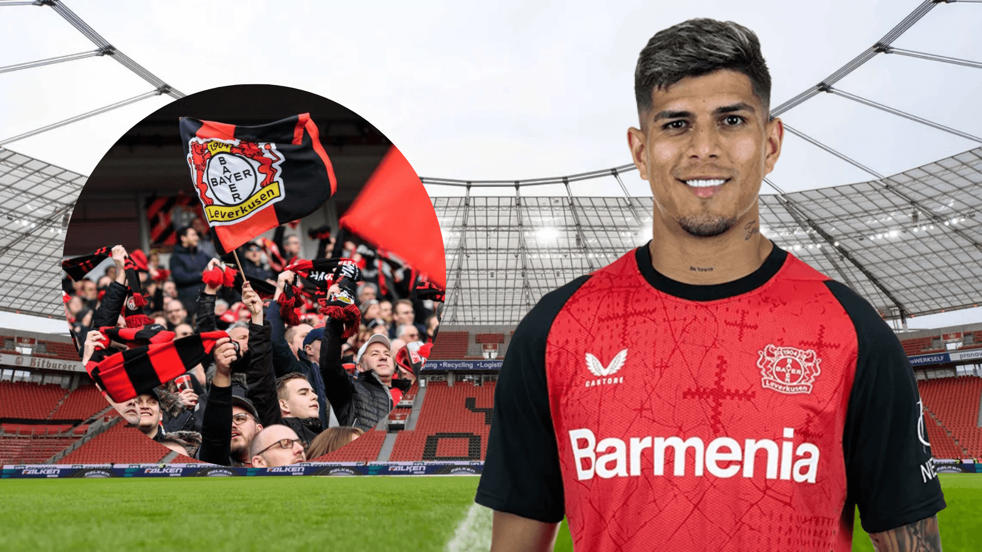Hinchas del Bayer Leverkusen y Piero Hincapié (Foto tomada de: Bundesliga/Eurosport)