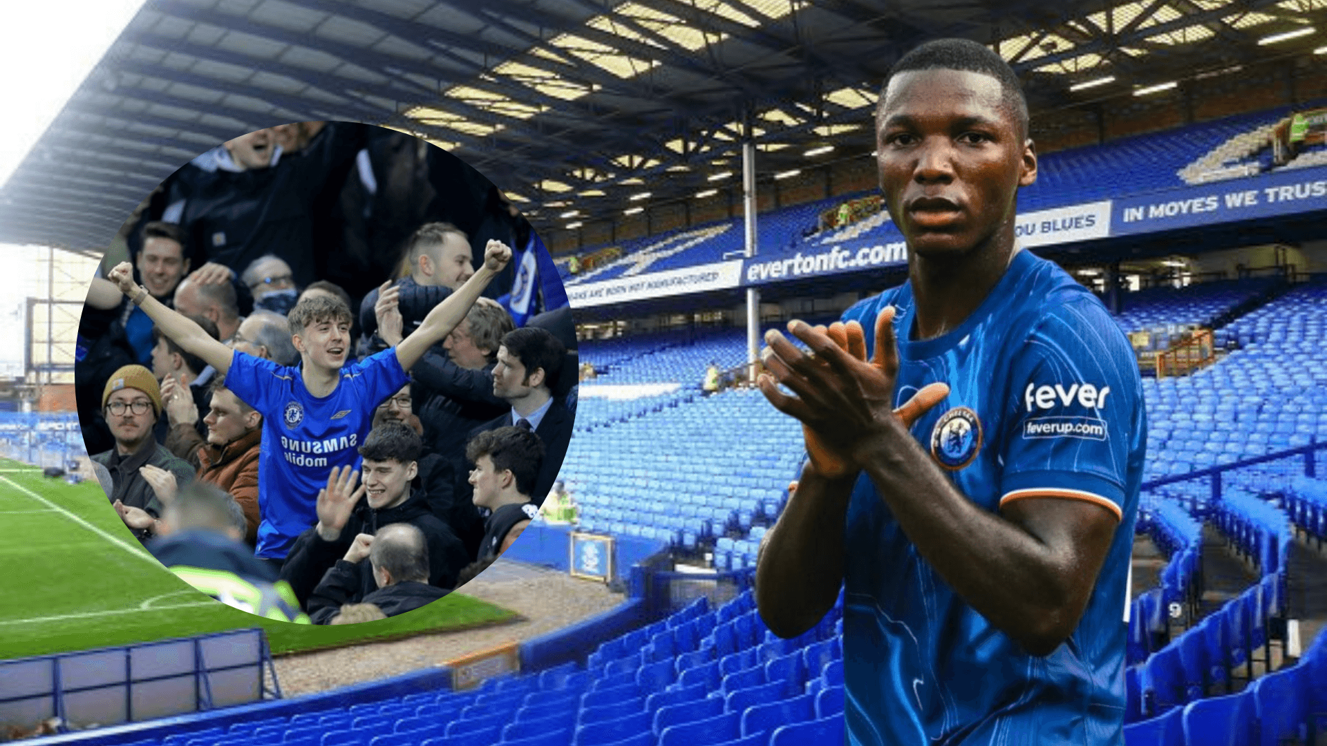 Hinchas del Chelsea y Moisés Caicedo (Foto tomada de: Liverpool/Chelsea)