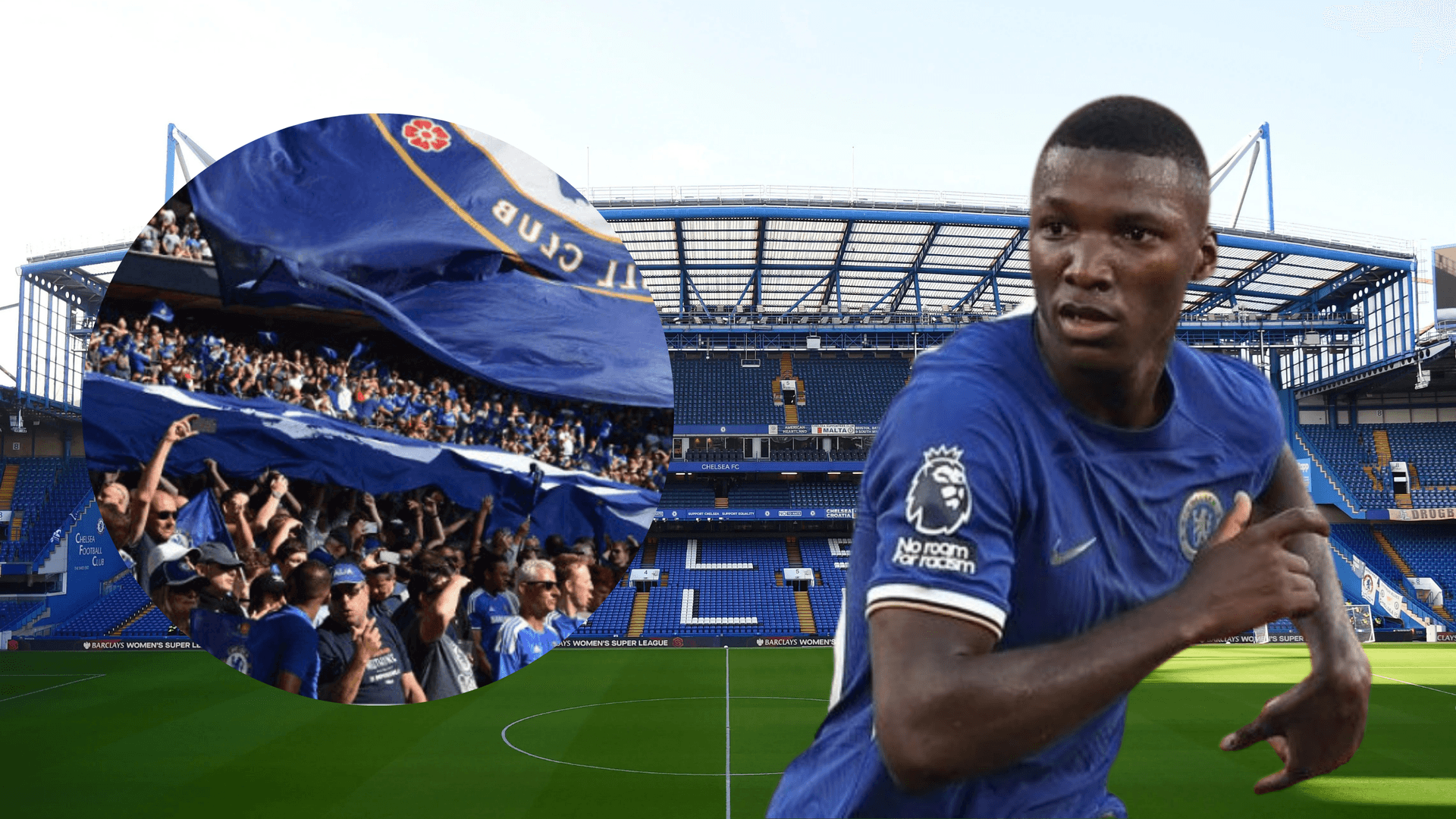 Hinchas del Chelsea y Moisés Caicedo (Foto tomada de: The Sun/Chelsea)