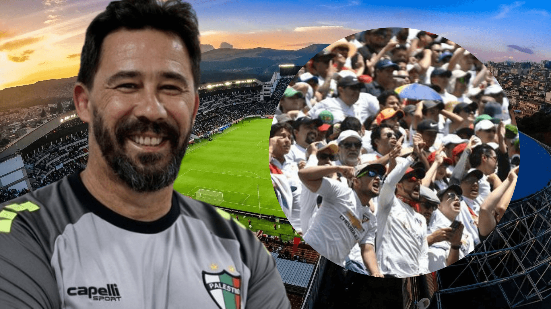 Hinchas Liga de Quito y Pablo Sánchez (Foto tomada de: Liga de Quito/Palestino)
