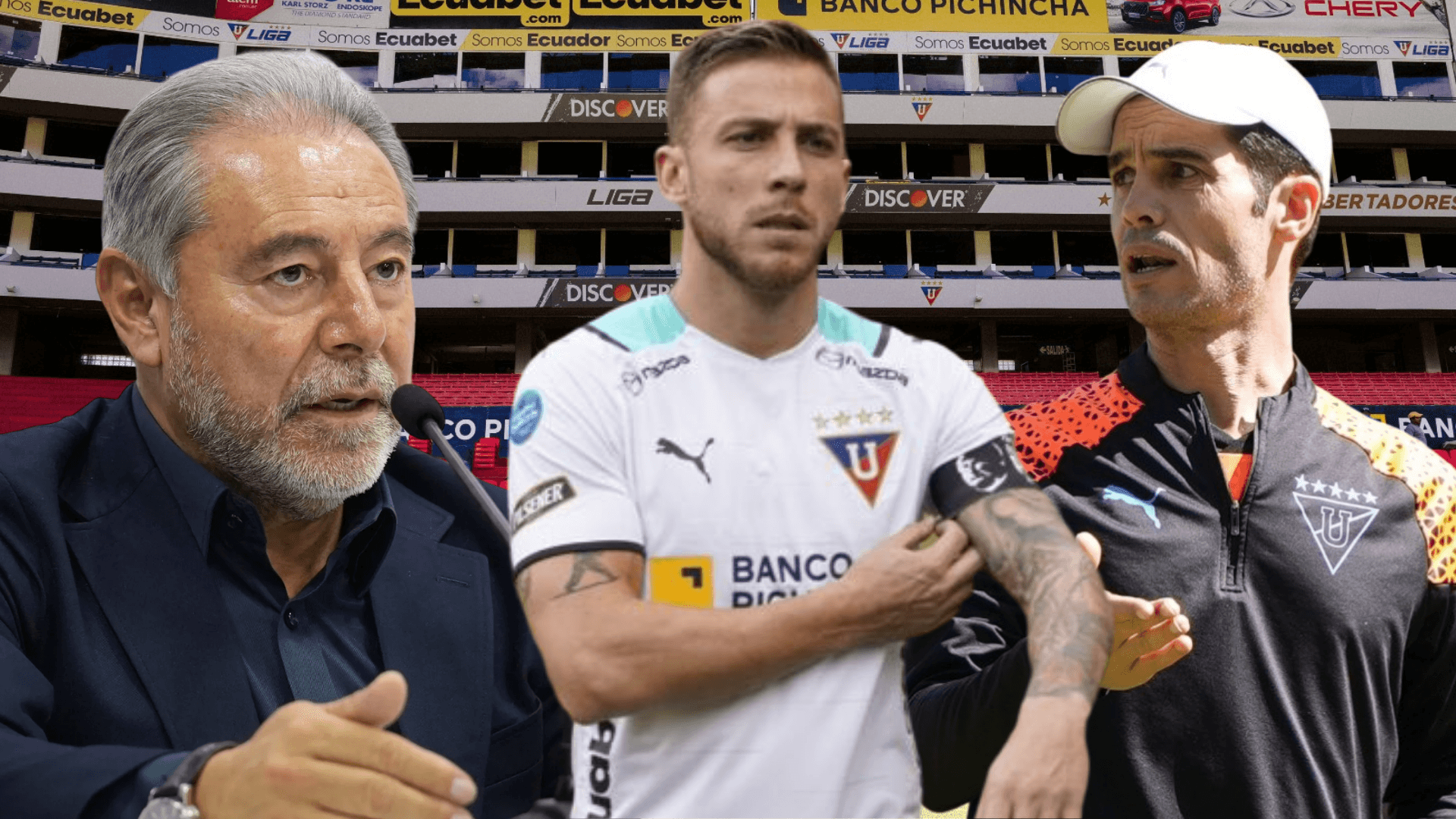 Isaac Álvarez, Josep Alcácer y Ezequiel Piovi en el Estadio Rodrigo Paz (Foto tomada de: Liga de Quito/API)