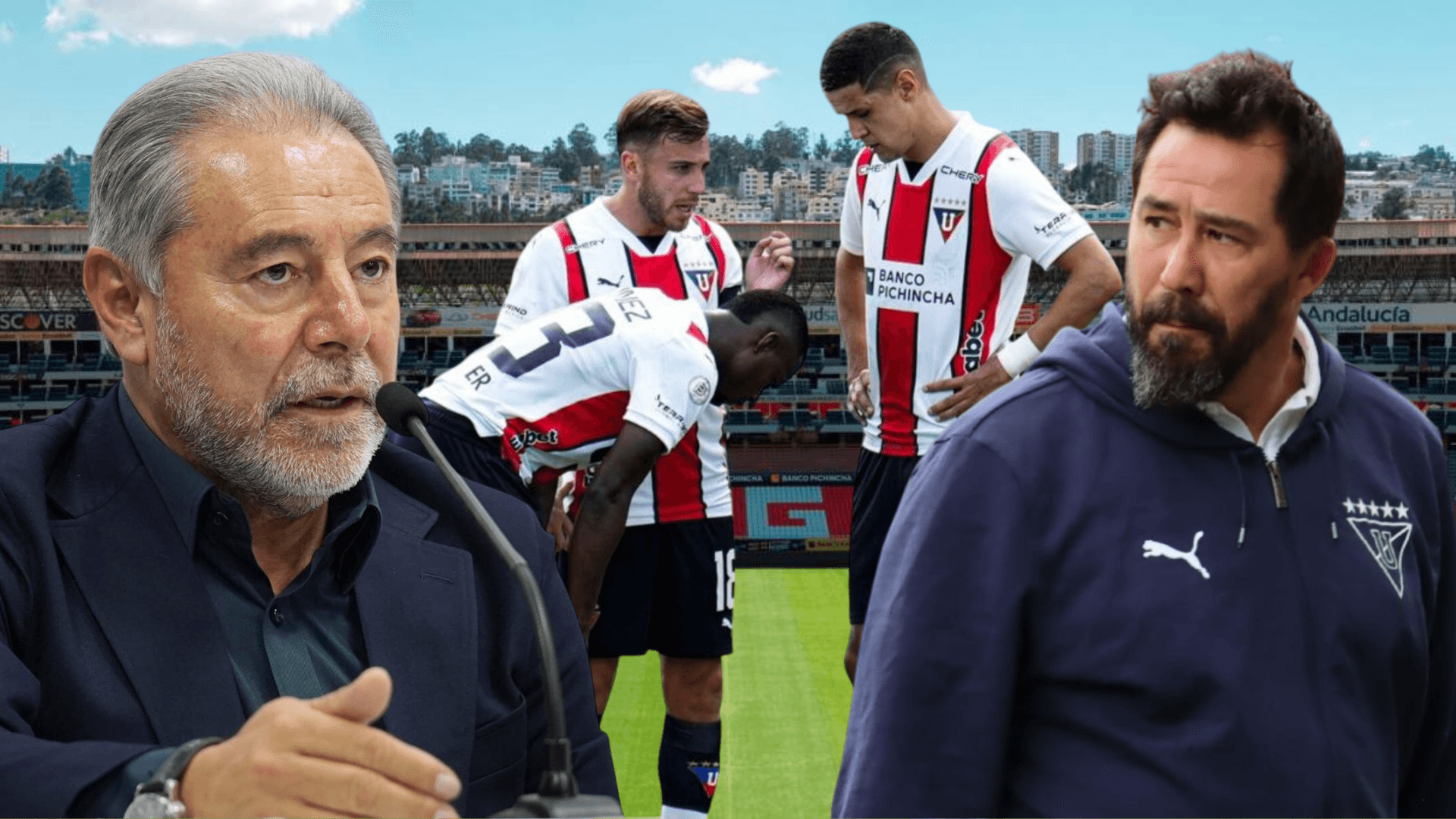 Isaac Álvarez, jugadores de Liga de Quito y Pablo Sánchez (Foto tomada de: Liga de Quito/API)