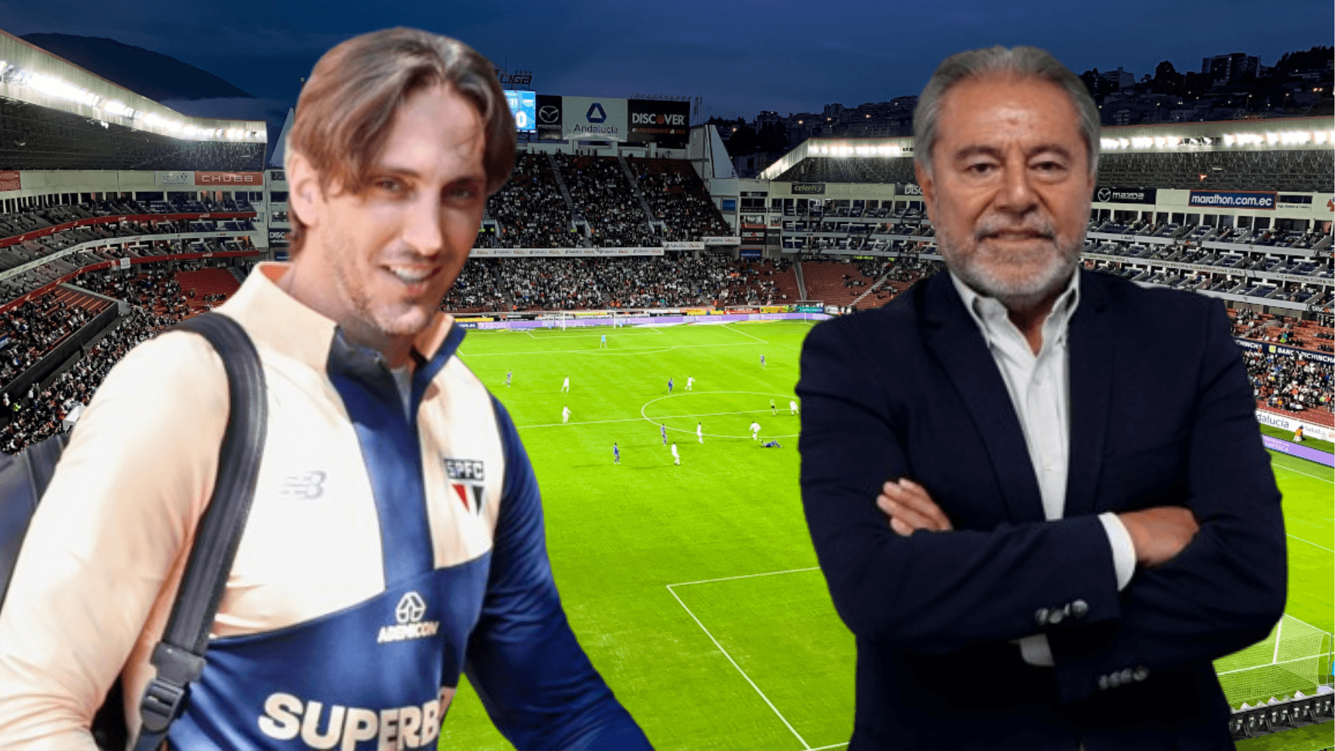 Isaac Álvarez y Luis Zubeldía en el Estadio Rodrigo Paz Delgado (Foto tomada de: Primicias/São Paulo)