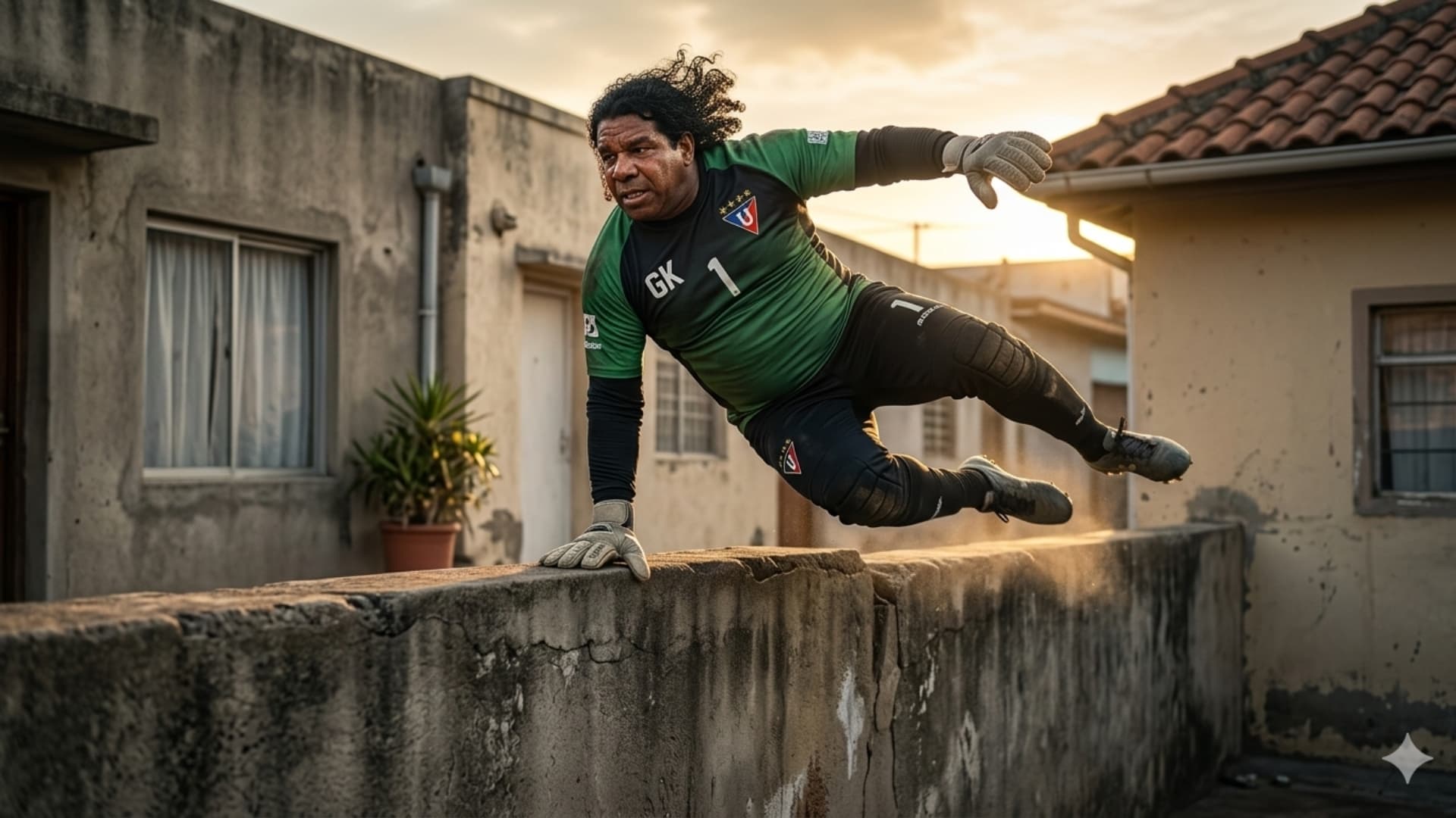 Jacinto Espinoza saltando un muro en su casa