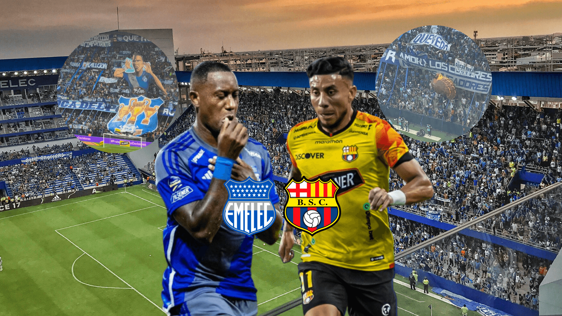 Jaime Ayoví celebrando, Joao Rojas corriendo, estadio Capwell. Foto tomada de: Gabriel Harper/Barcelona SC/Emelec