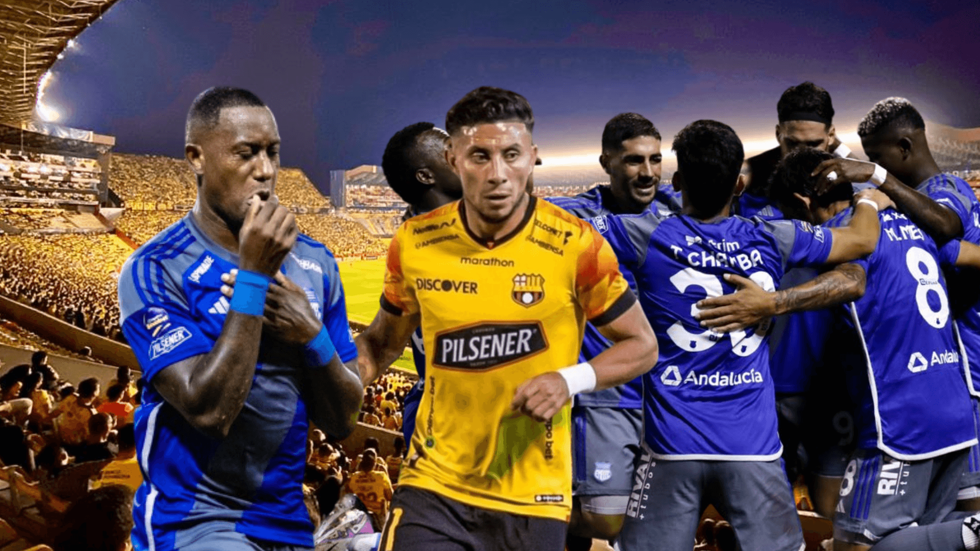 Jaime Ayoví celebrando, Joao Rojas enojado, jugadores Emelec. Foto tomada de: Barcelona SC/Emelec