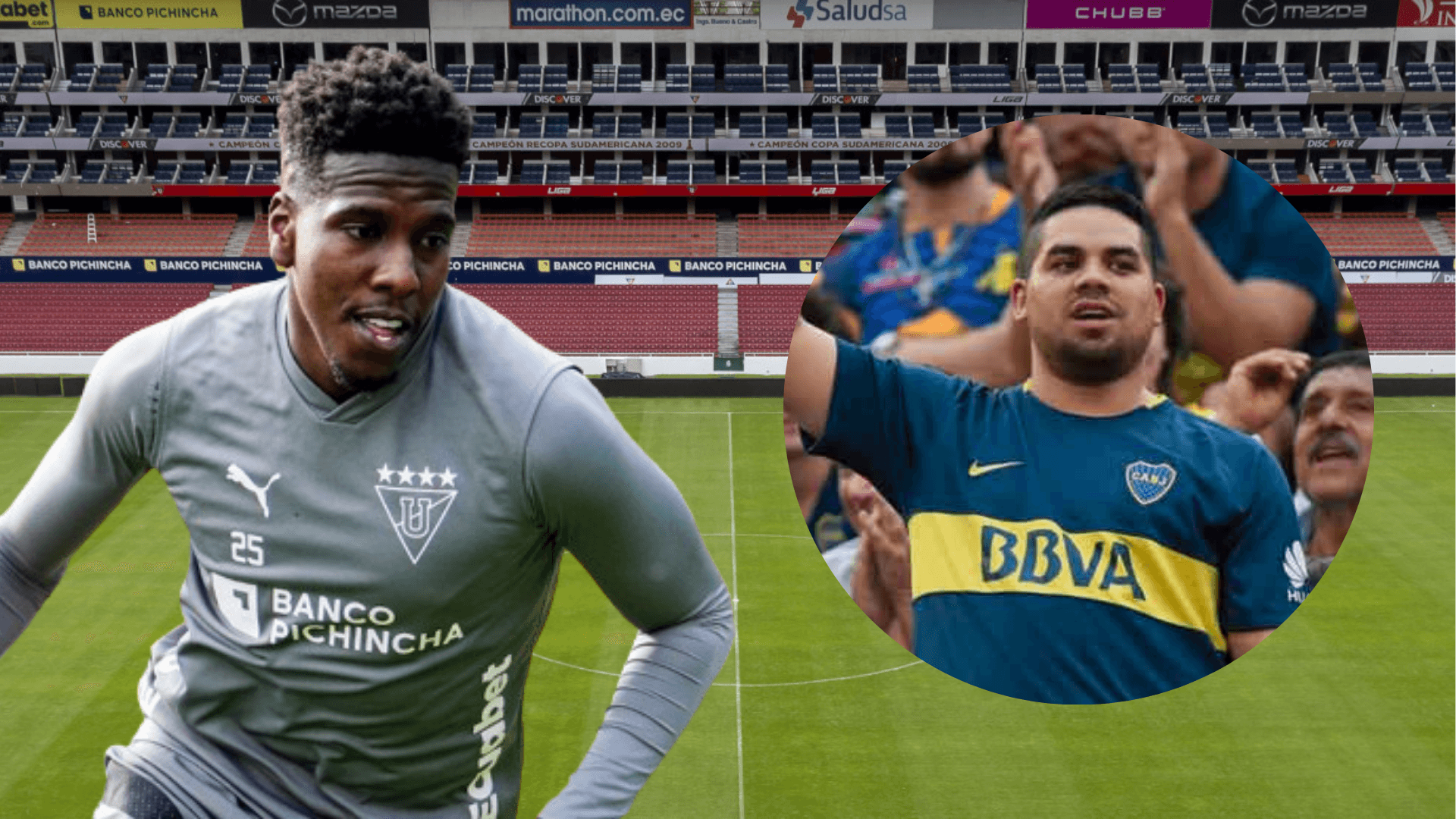 Jan hurtado y los hinchas de Boca Juniors en el Estadio Rodrigo Paz (Foto tomada de: Primicias/Liga de Quito/NotiMundo)