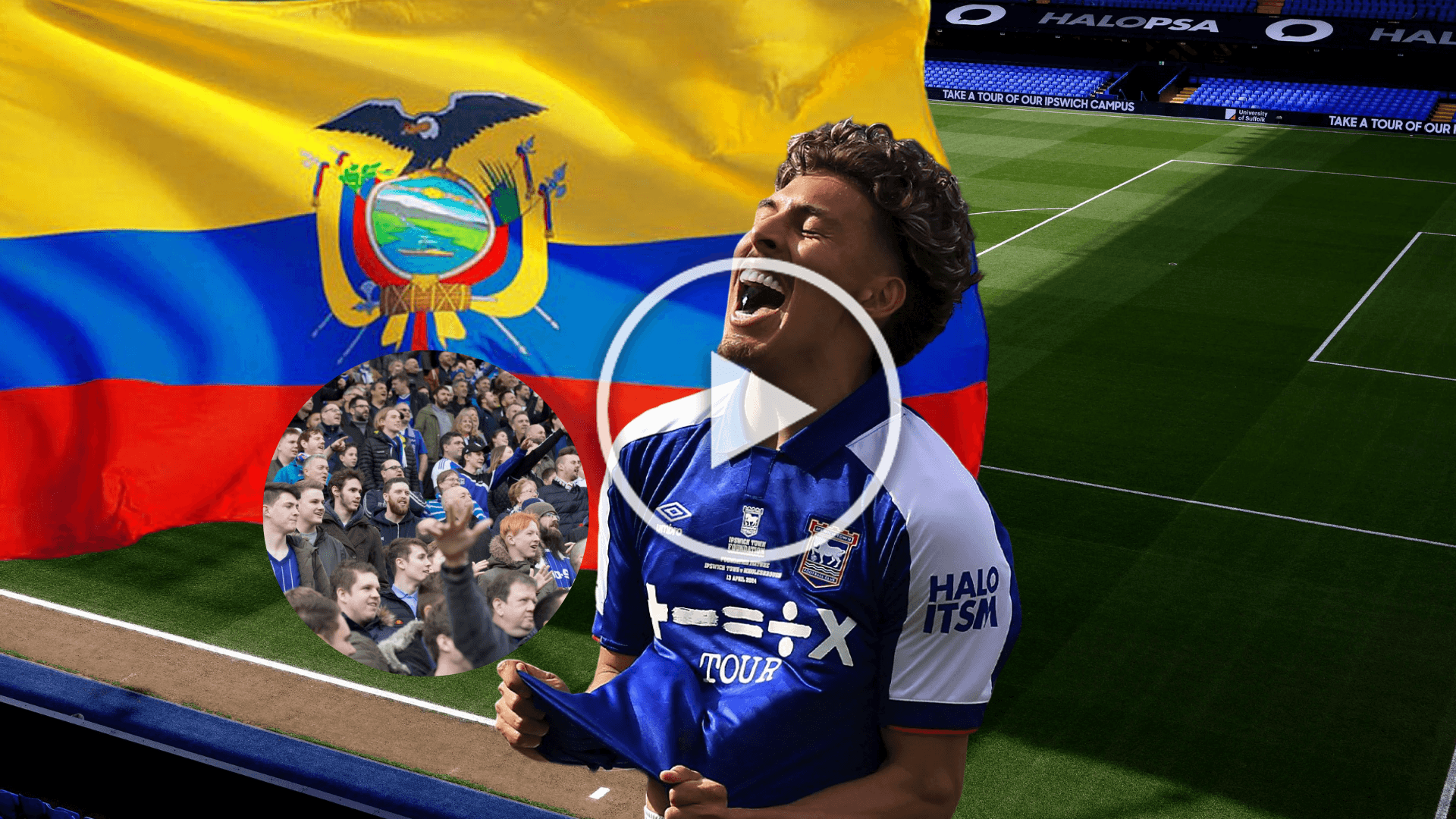 Jeremy Sarmiento celebrando, bandera Ecuador. Foto tomada de: Billiken/Ipswich Town