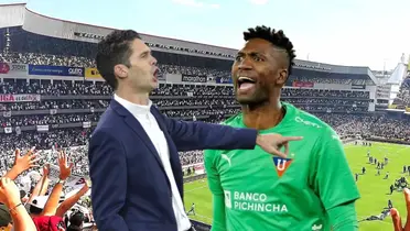 Joseo Alcácer dirigiendo y Alexander Domínguez gritando. Foto tomada de: Ecuavisa/Liga de Quito