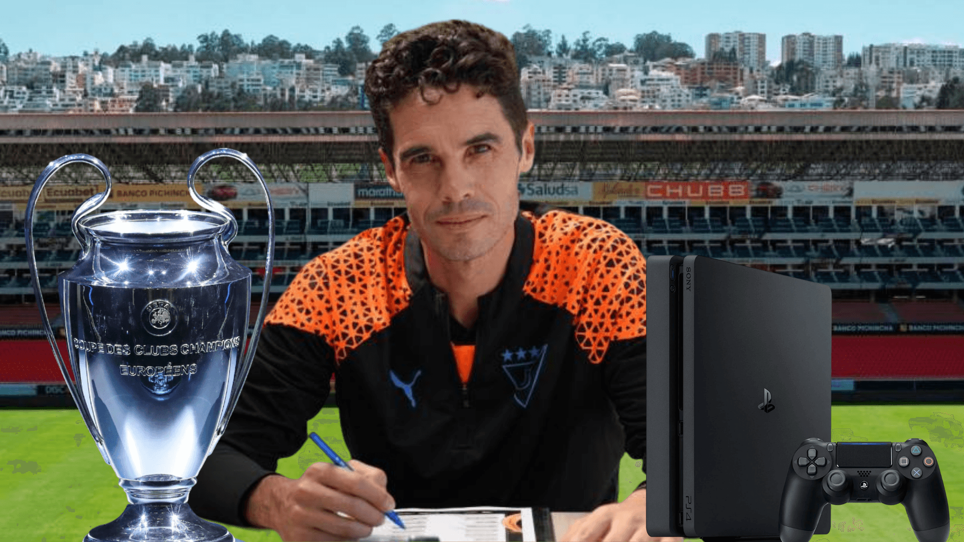 Josep Alcácer alegre en el Estadio Rodrigo Paz Delgado (Foto tomada de: Ecuavisa/Liga de Quito/UEFA)