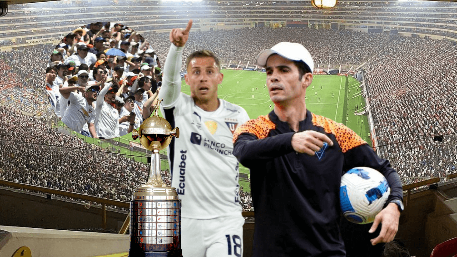 Josep Alcácer dando indicaciones a Ezequiel Piovi, con la hinchada de LDU protestando