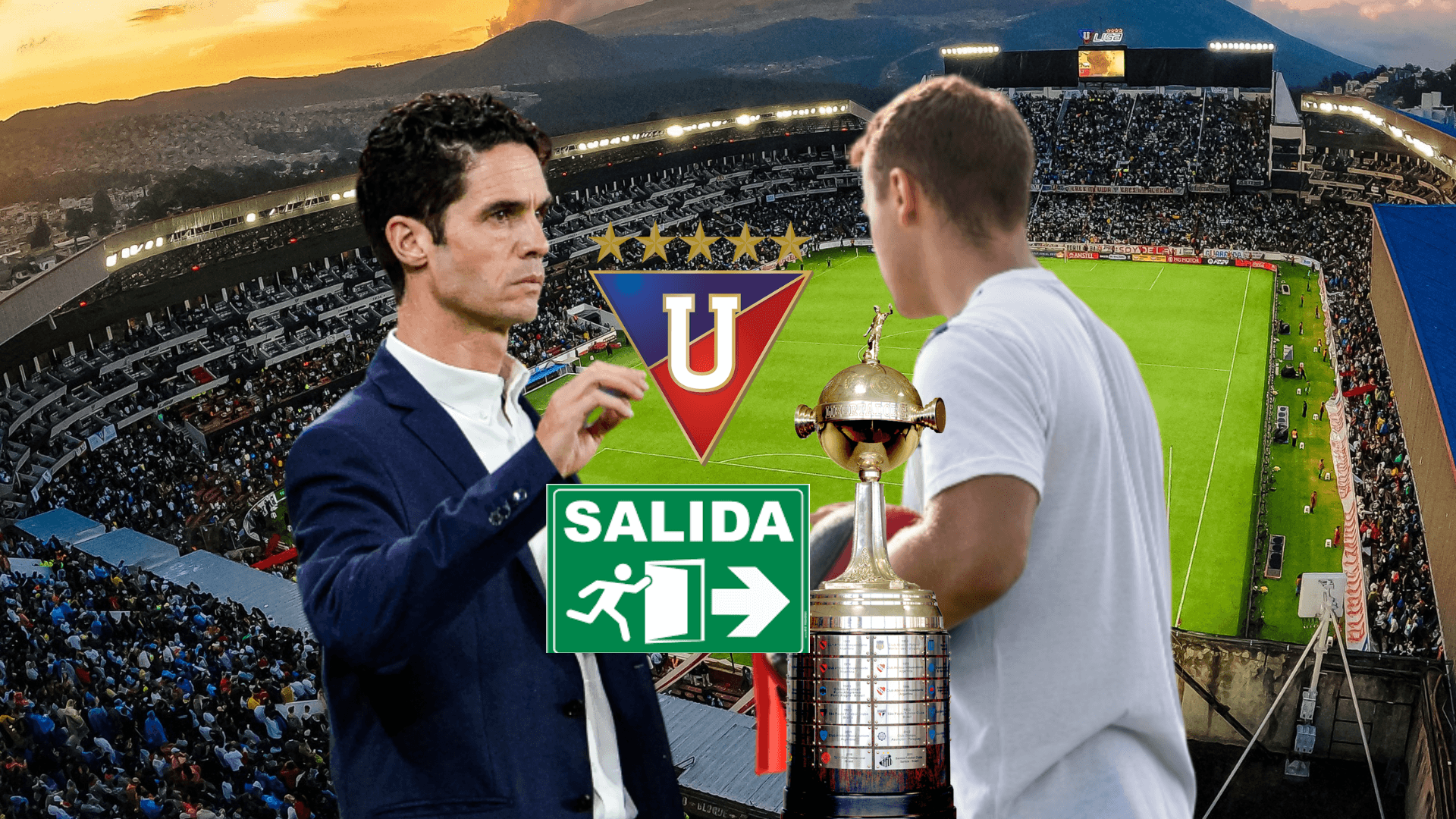 Josep Alcácer dirigiendo, escudo de LDU, posible nuevo entrenador. Foto tomada de: Universidad Isabel/Liga de Quito