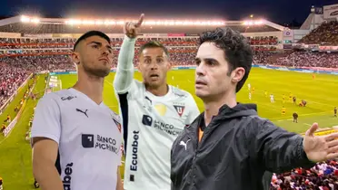 Josep Alcácer en el estadio de LDU junto a Ezequiel Piovi y Facundo Rodríguez