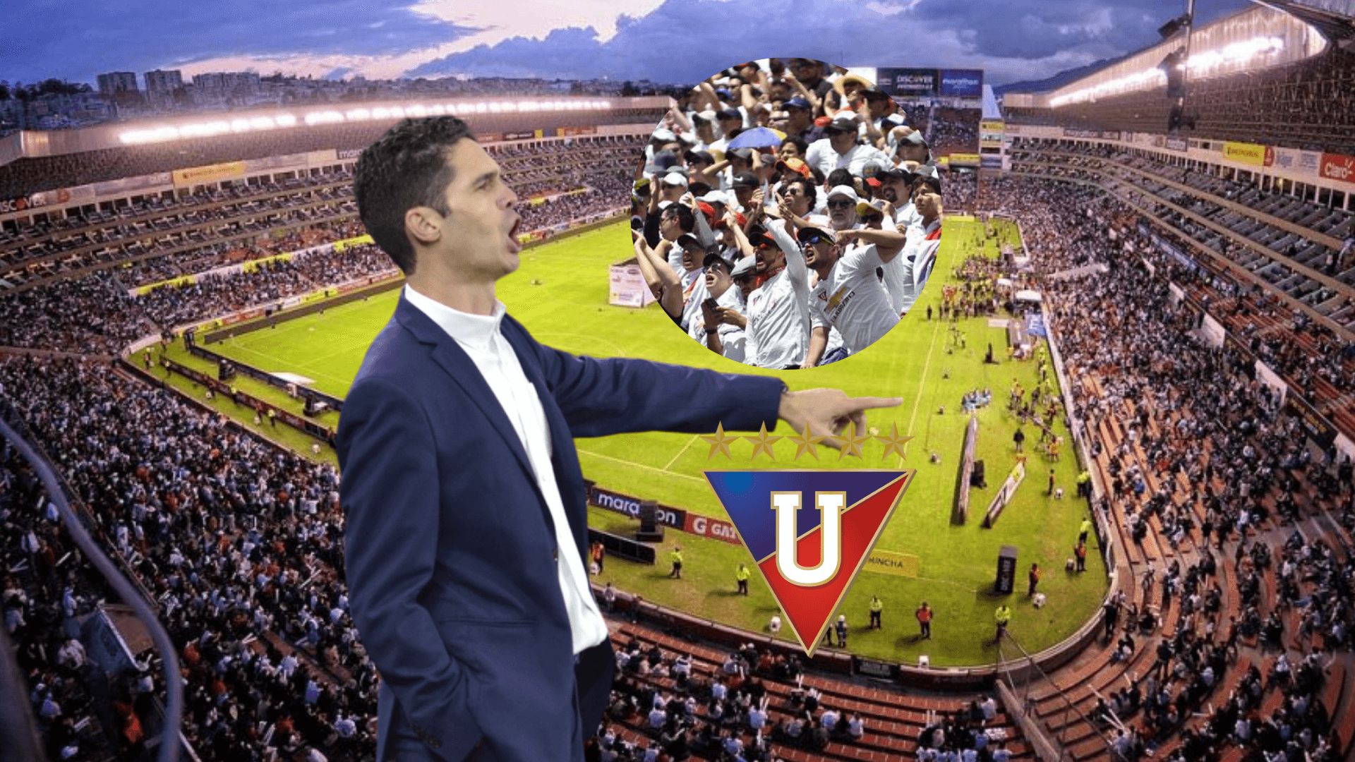 Josep Alcácer gritando y los hinchas de LDU enojados
