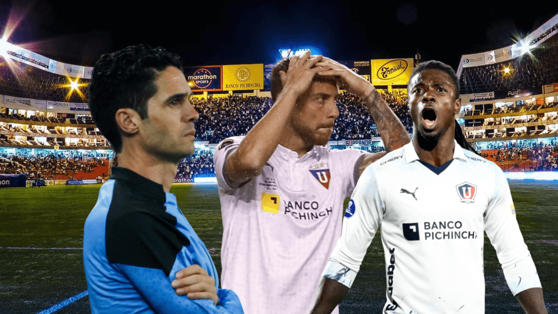 Josep Alcácer preocupado, Ezequiel Piovi con las manos en la cabeza, Ricardo Adé gritando. Foto tomada de: API/LDU