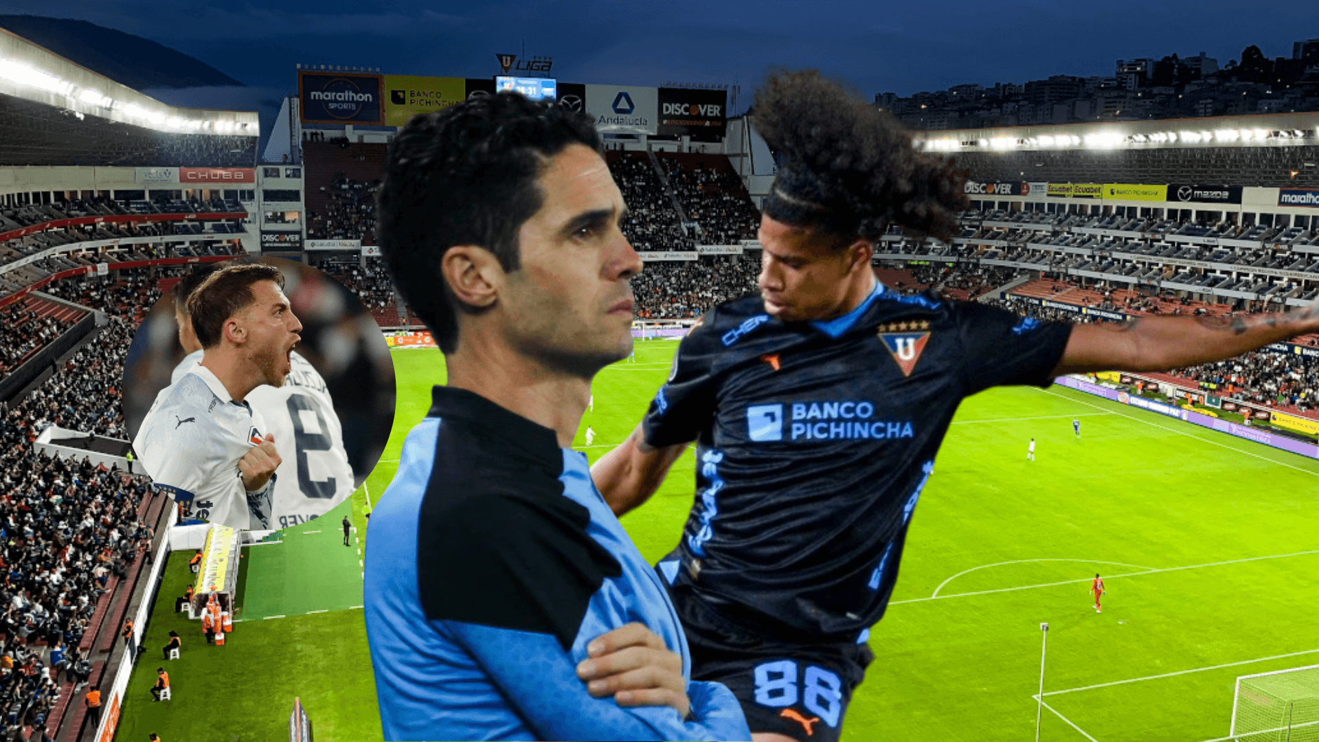 Josep Alcácer preocupado por Marco Angulo y Ezequiel Piovi gritando. Foto tomada de: El Universo/Liga de Quito/Conmebol.